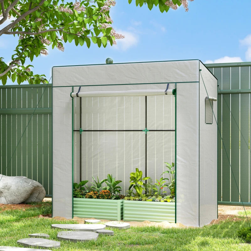 Walk-in Tomato Greenhouse Lean-to Green House with Reinforced PE Cover, Roll-up Door, Mesh Windows, White