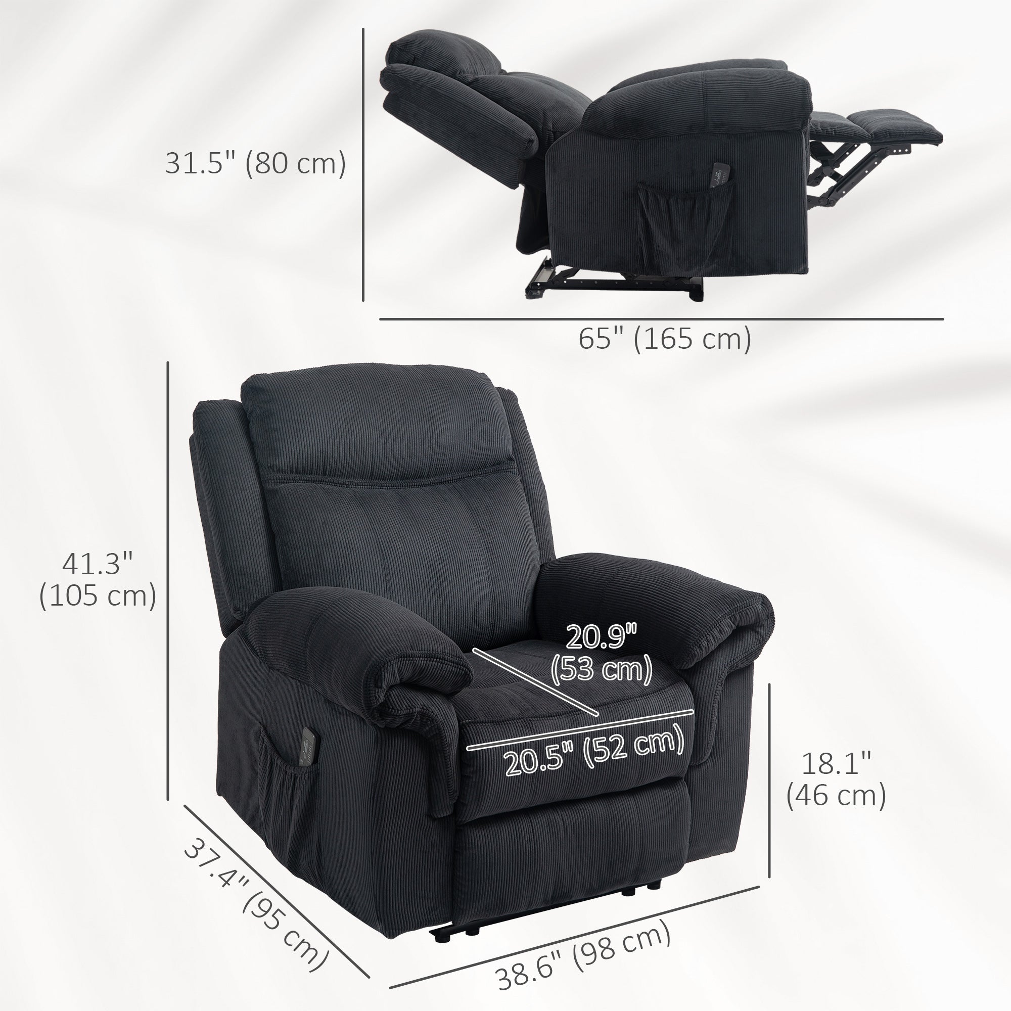HOMCOM Manual Recliner Chair with Vibration Massage, Side Pockets, Corduroy Reclining Chair for Living Room, Black