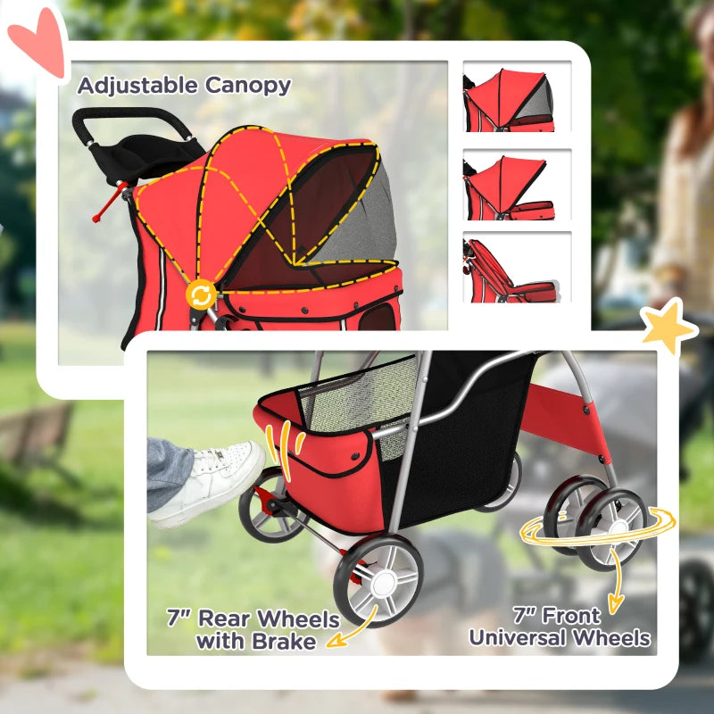 Pet Stroller with Reflective Strips, Foldable Cat Stroller with 360° Swivel Wheels for Small Dogs and Cats, Red