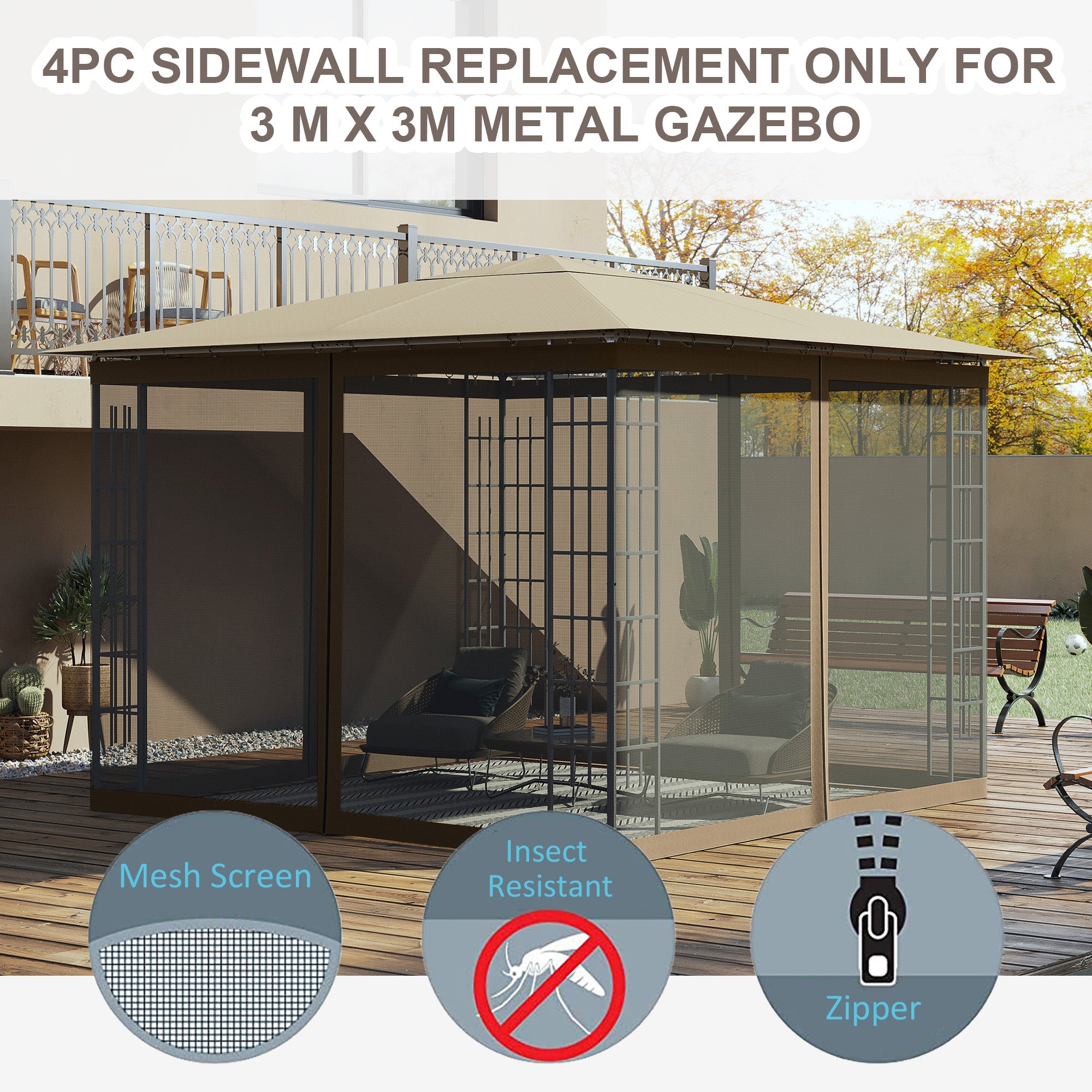 Outsunny Replacement Mosquito Netting for Gazebo 10' x 10' Screen Walls for Canopy with Zippers for Outdoor Activities, Khaki