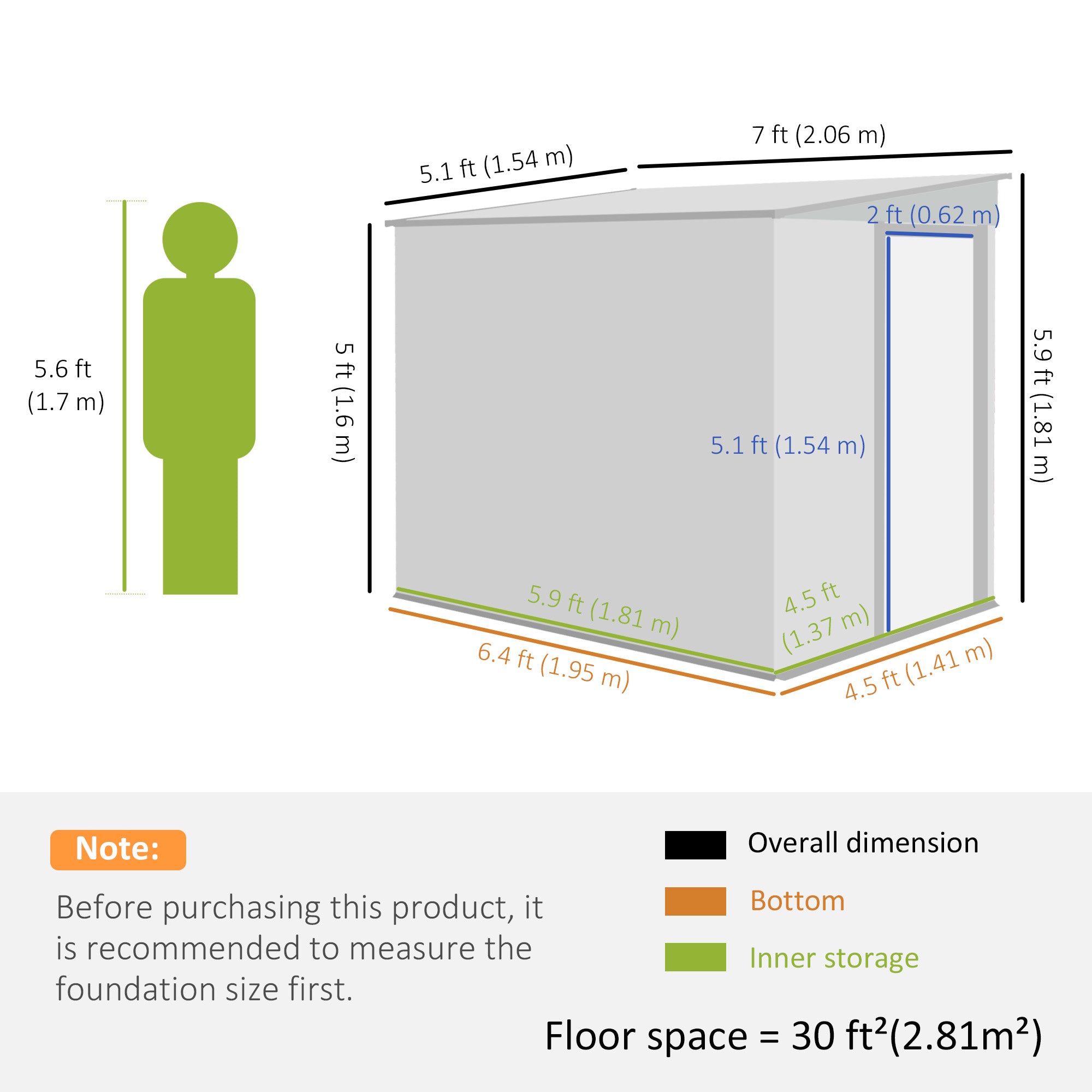 Outsunny 5'x7' Lean to Galvanized Metal Shed with Foundation, Garden Tool Storage House w/ Sliding Door and 2 Vents, Light Grey