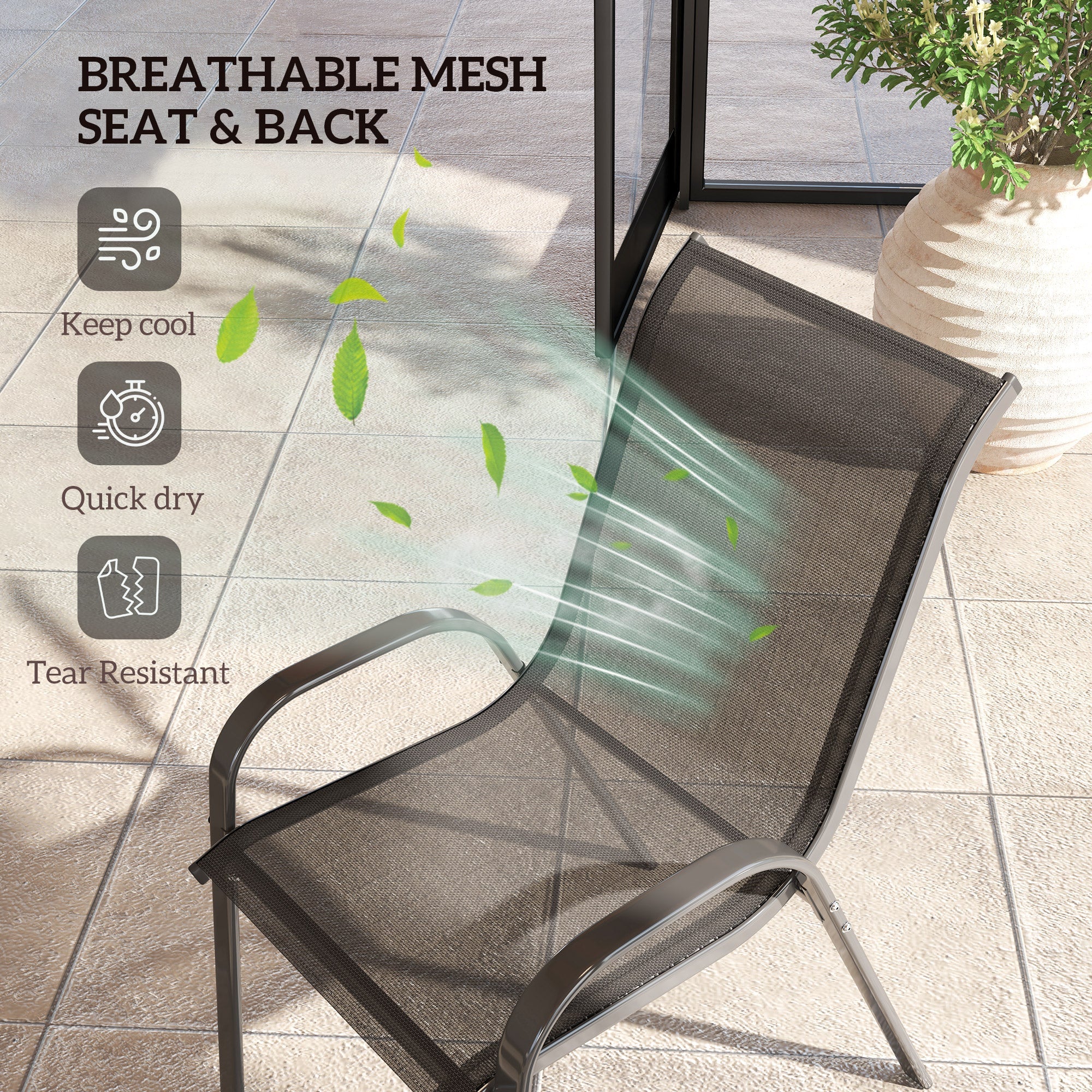 Outsunny Set of 2 Outdoor Dining Chairs, Stackable Lawn Chairs with High Back, Breathable Mesh Seat for Garden Porch, Black