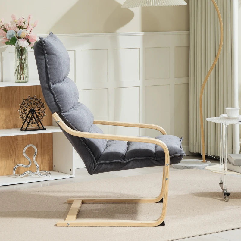 Birch Wood Fabric Modern Armchair, Accent Chair with Curved Leg and Arm for Living Room, Grey