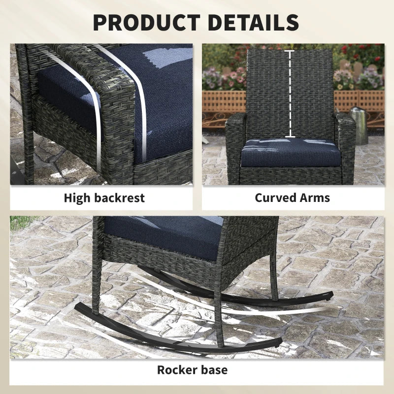 Outdoor Rocking Chair, Patio Wicker Chair Removable Cushion, High Back and Armrests for Porch Balcony, Navy Blue