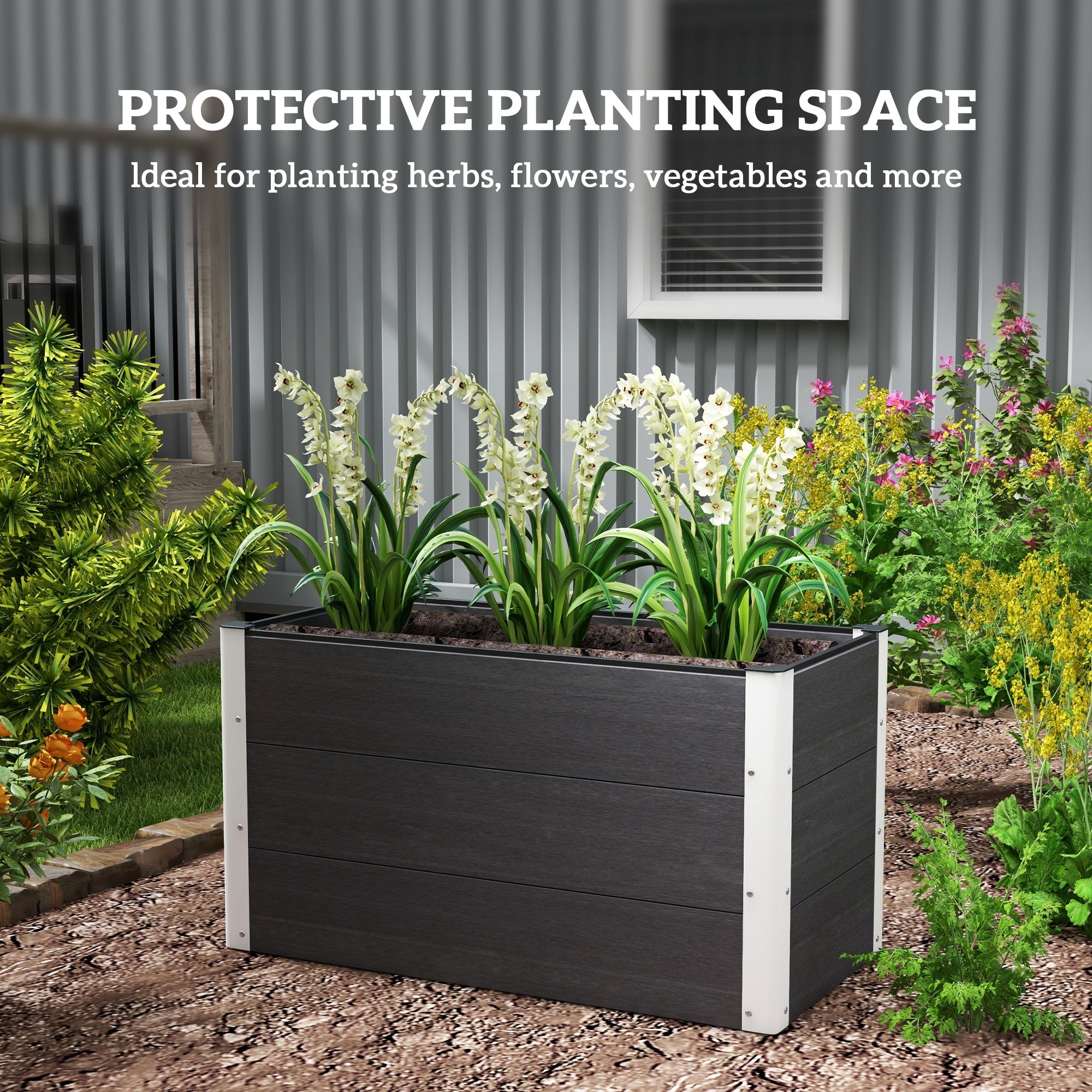 Outsunny 3'x2'x2' Raised Wood/Plastic Planter: Garden Bed for Flowers, Veggies & Herbs in Grey