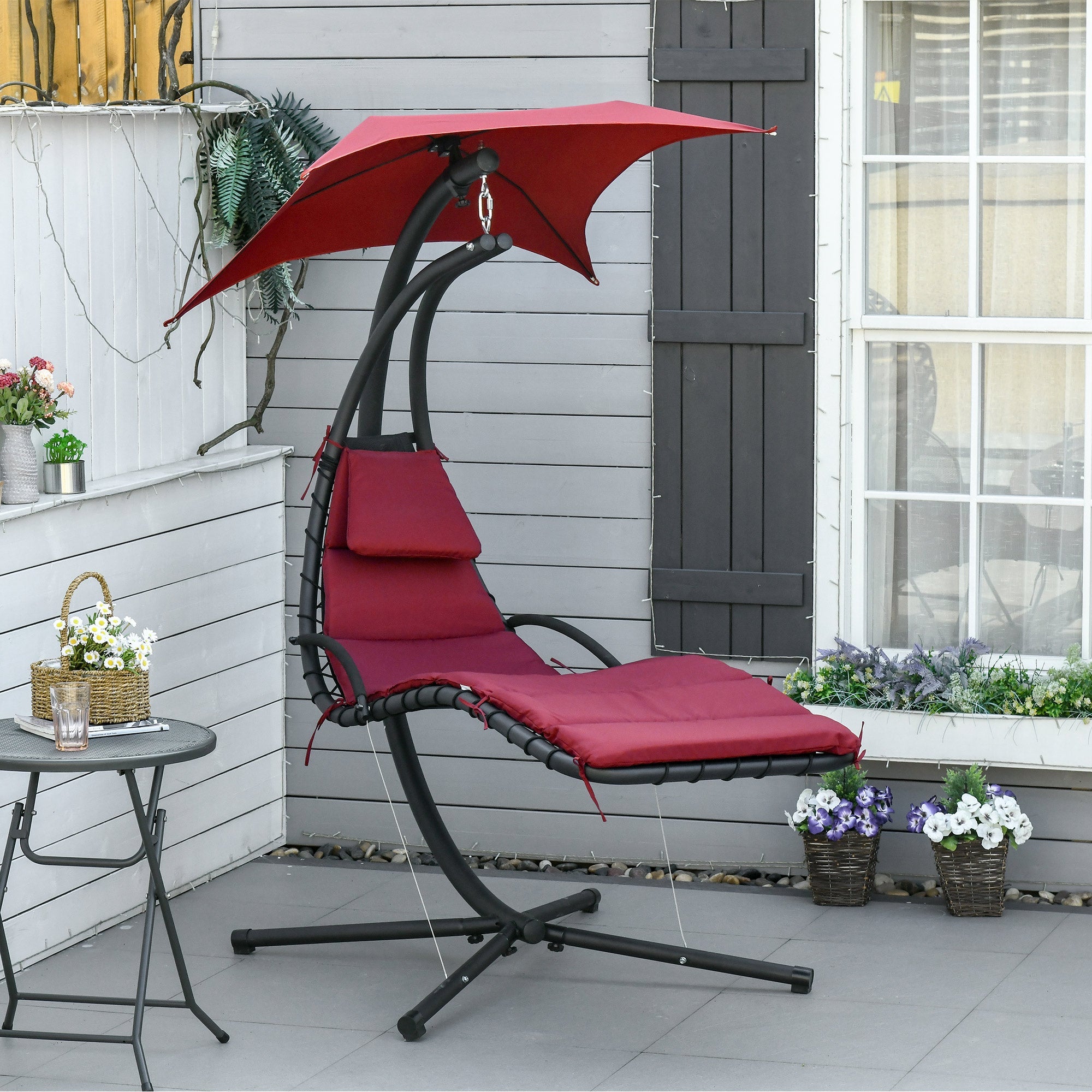 Outsunny Outdoor Patio Swing Chair with Arc Stand Canopy Garden Lounge Wine Red Comfort
