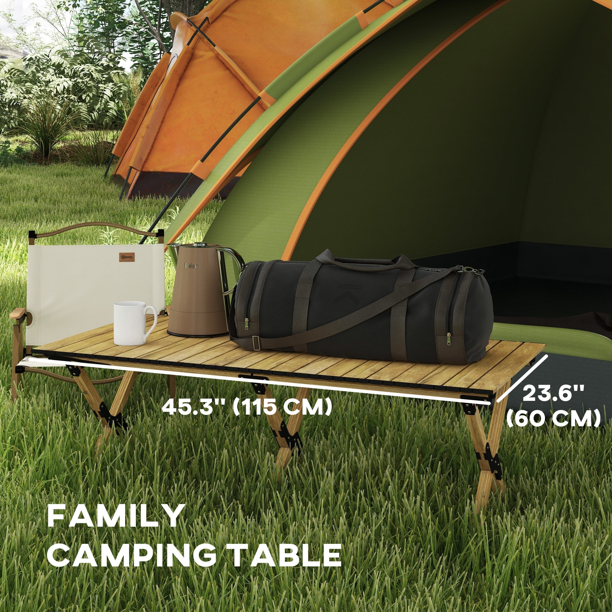 Outsunny Portable Aluminum Picnic Table: Folding, with Roll-Up Top for Party, BBQ, Beach, Easy Carry Design - Natural Finish