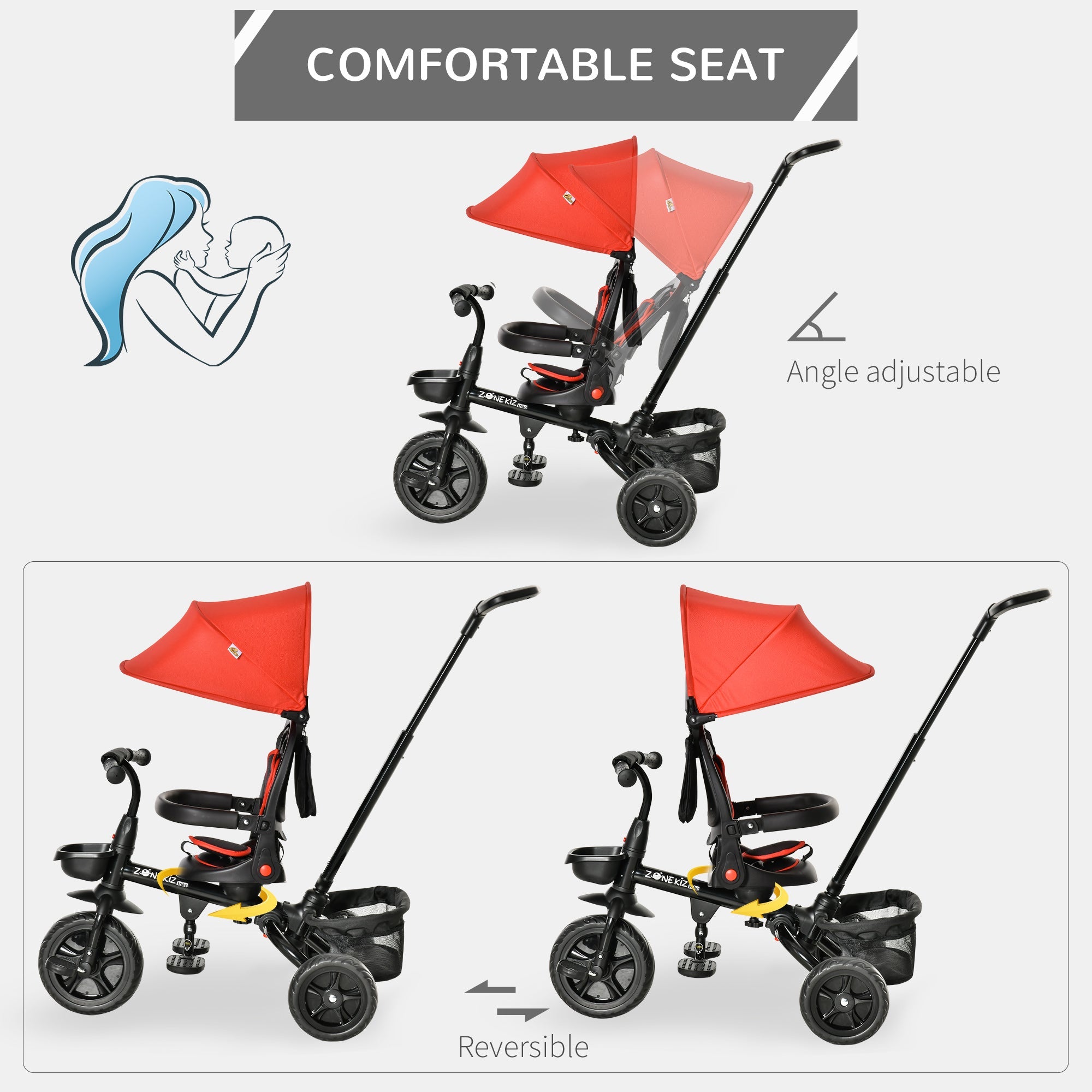 Qaba 4-in-1 Baby Tricycle Stroller, Reversible Seat, Adjustable, Canopy, Safety Belt, Red - Versatile Outdoor Ride