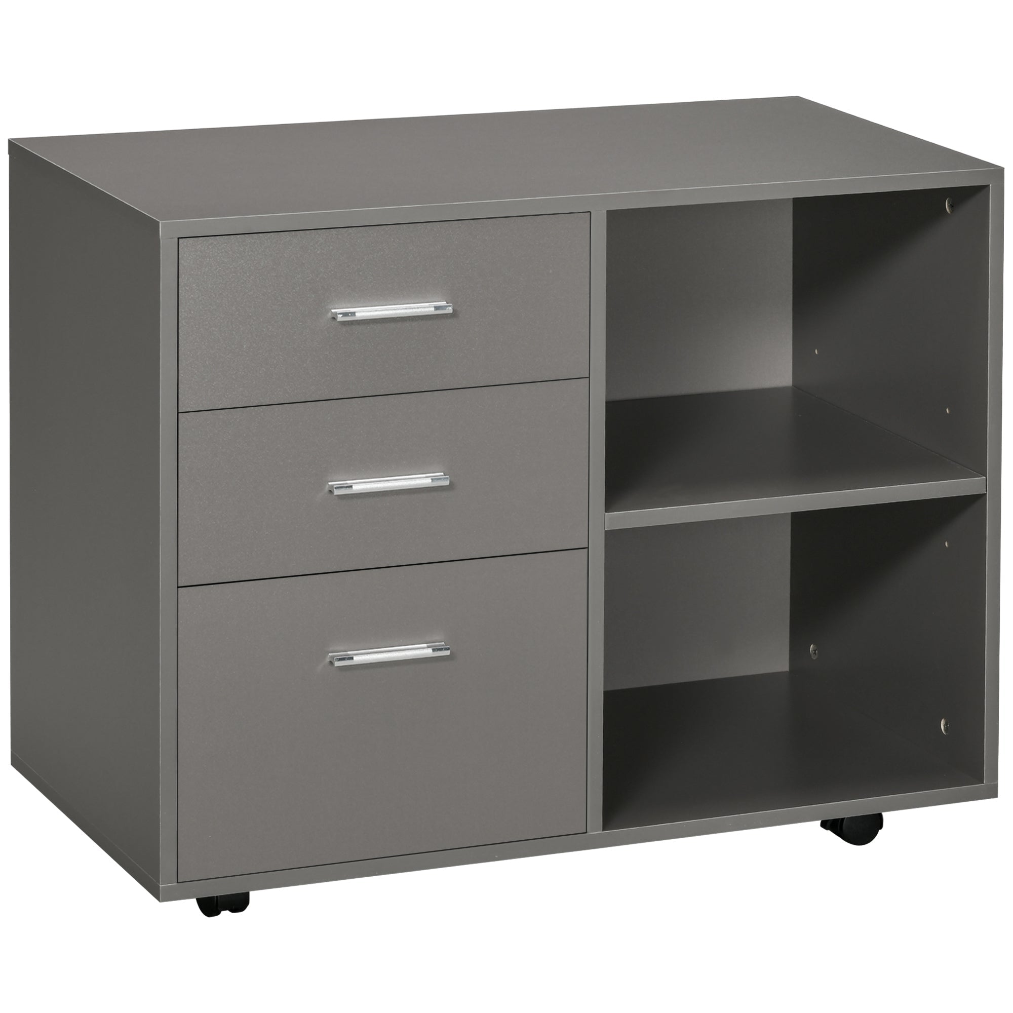 HOMCOM File Cabinet: 3 Drawers, Printer Stand, Open Shelves, Rolling Wheels, Grey, Office Storage