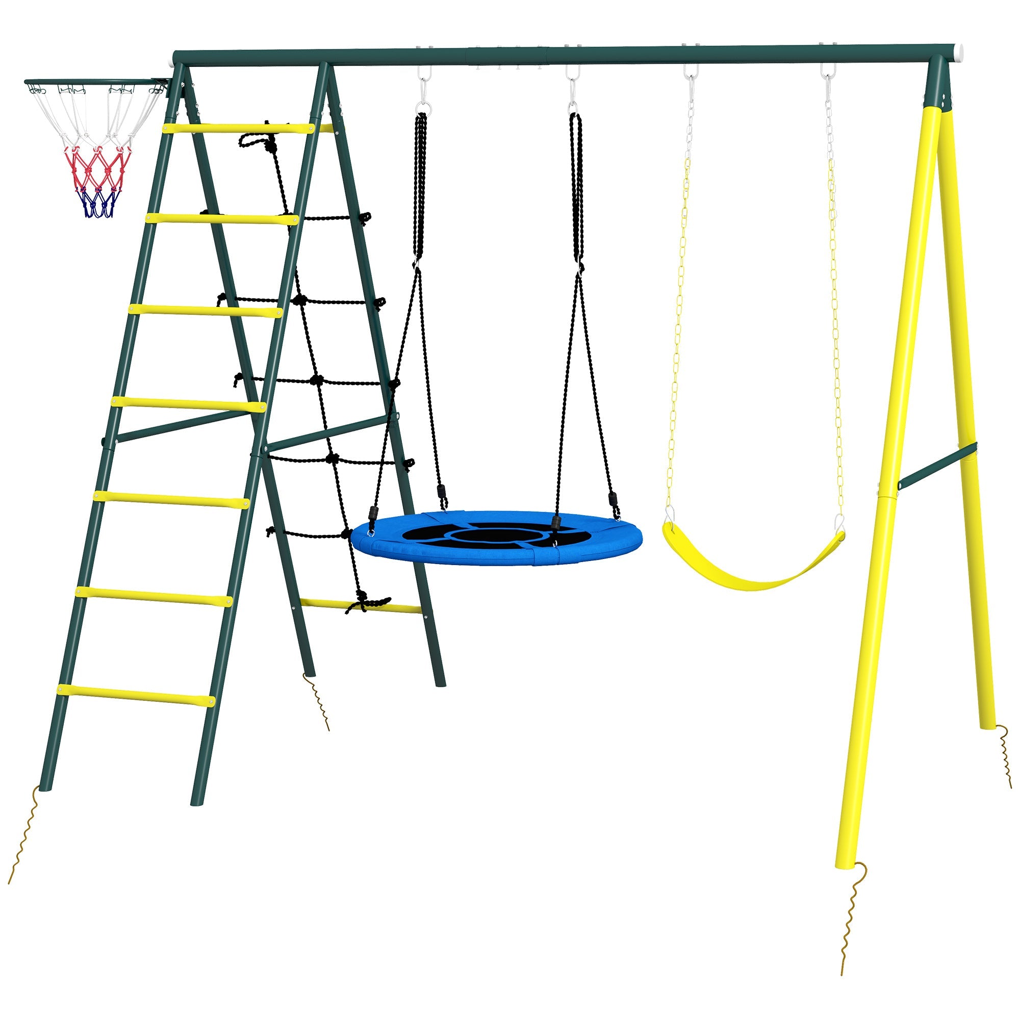 Outsunny Swing Set 4-in-1 for Kids, Saucer Swing, Seat, Climbing, Basketball Hoop, 3-8 Years, Yellow