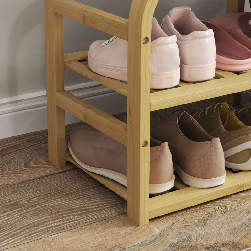 Bamboo Entryway Bench, Shoe Storage Bench with Cushion, Slat Shelves, Pull-Out Basket for Hallway, Entryway, Nature Wood