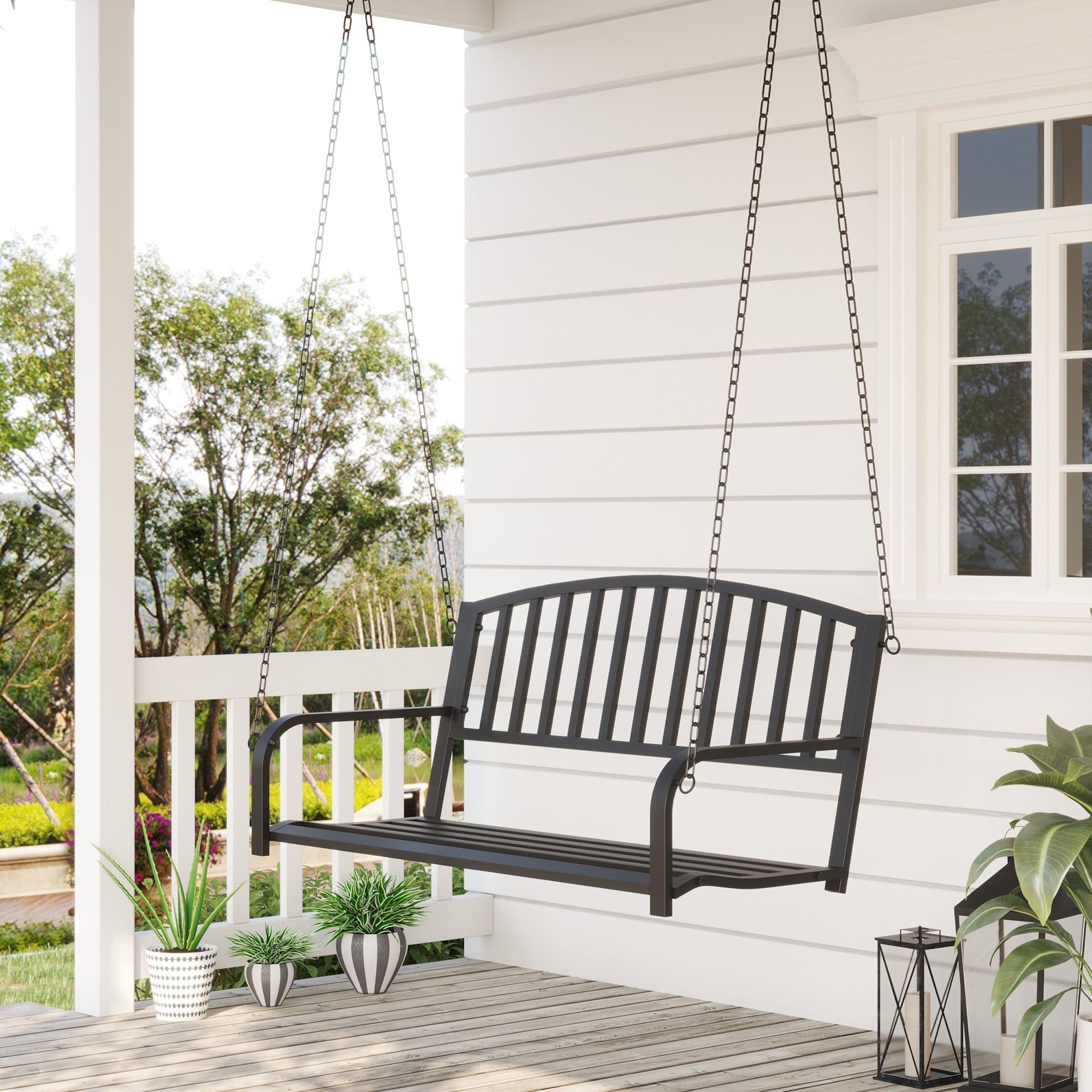 Outsunny 50" Porch Swing Bench Lounger: Outdoor Hanging Glider Chair Steel Frame Black
