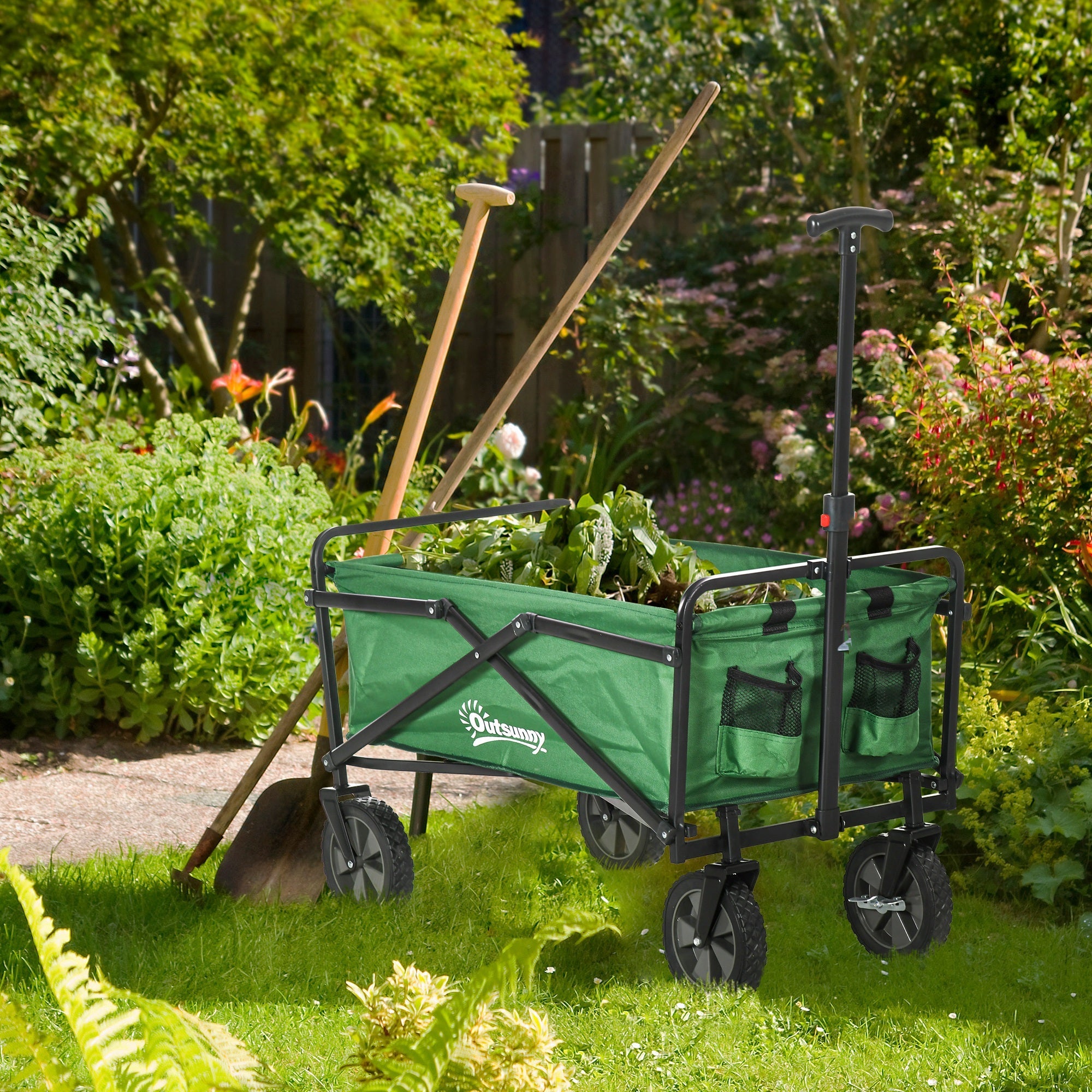 Outsunny Folding Wagon Garden Cart Collapsible Camping Trolley Steel Frame Oxford Fabric