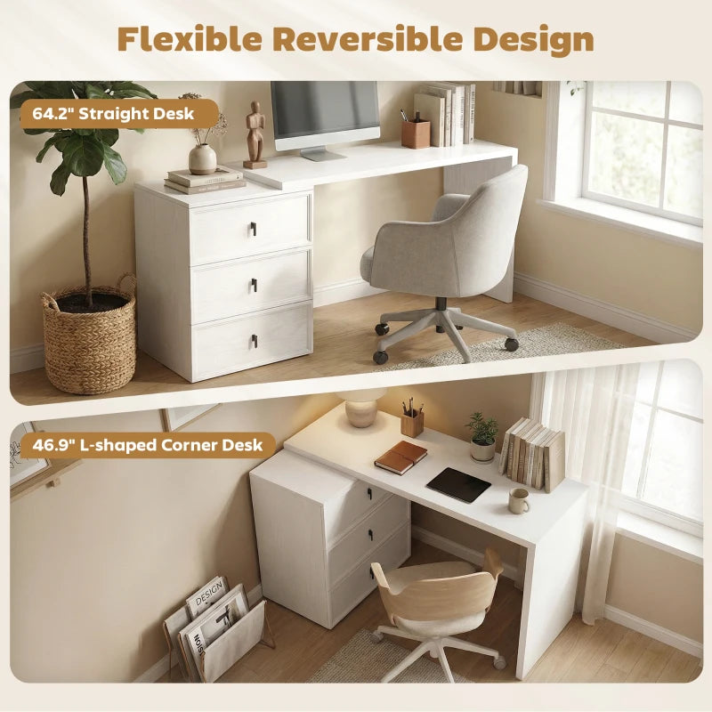 L Shaped Computer Desk Home Office Desk with 3 Drawers White Wood Grain