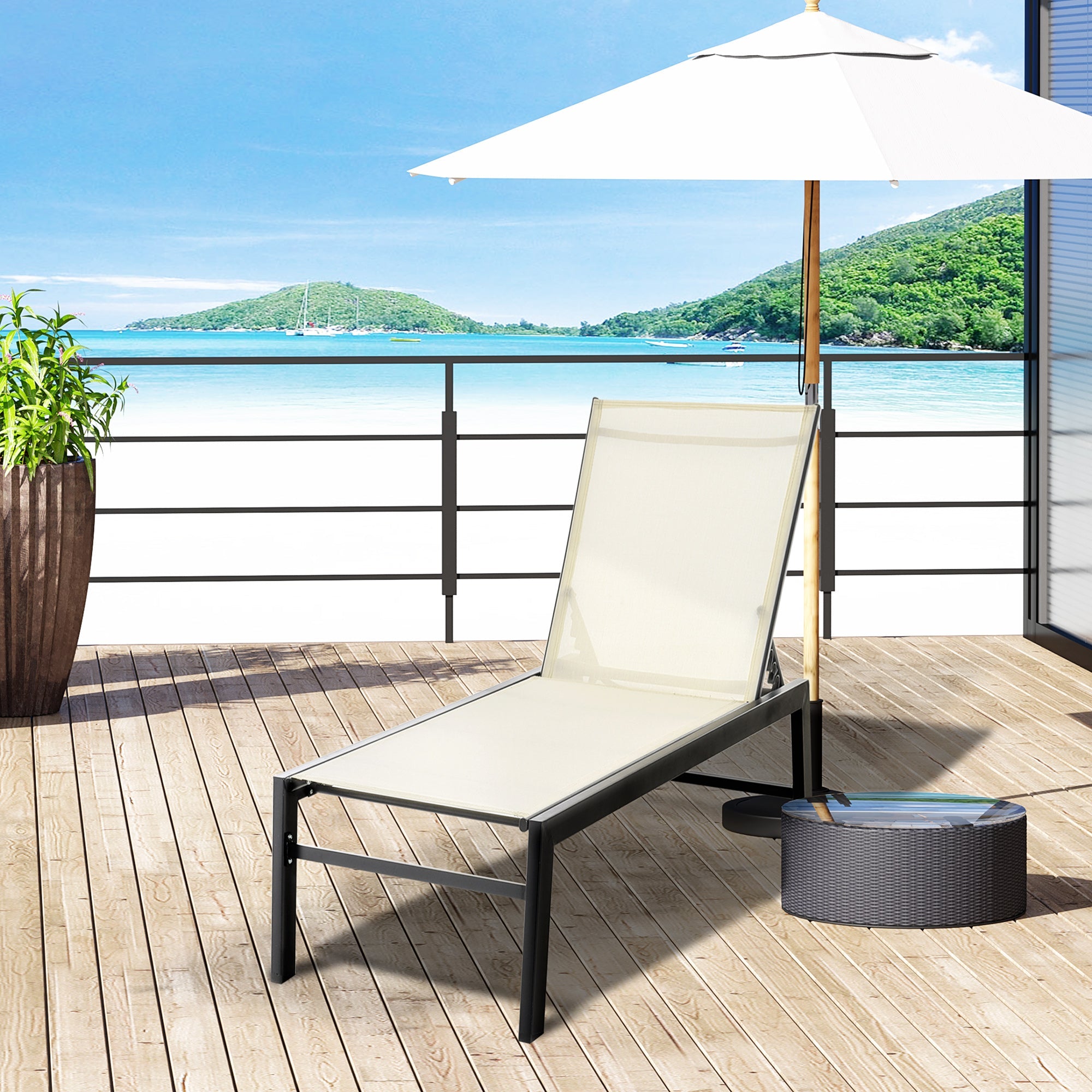 Outsunny Patio Lounge Chair Outdoor Recliner with 5-Position Backrest 2 Wheels for Poolside Beach Lawn Cream White