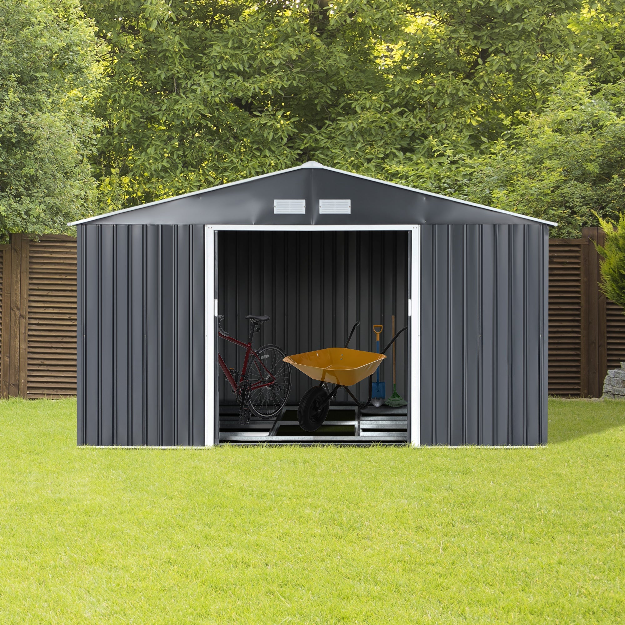 Outsunny Spacious Garden Shed 11.2ft x 12.5ft with 4 Vent Slots, Double Doors, Durable Storage - Grey