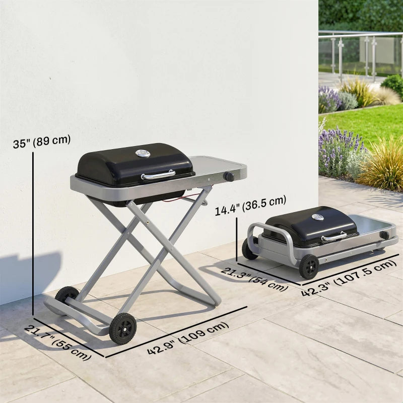 Outsunny Portable Propane Gas BBQ Grill with Foldable Cart, Wheels, 9500 BTU Gas Barbecue Grill with Piezo Ignition Burner, Black