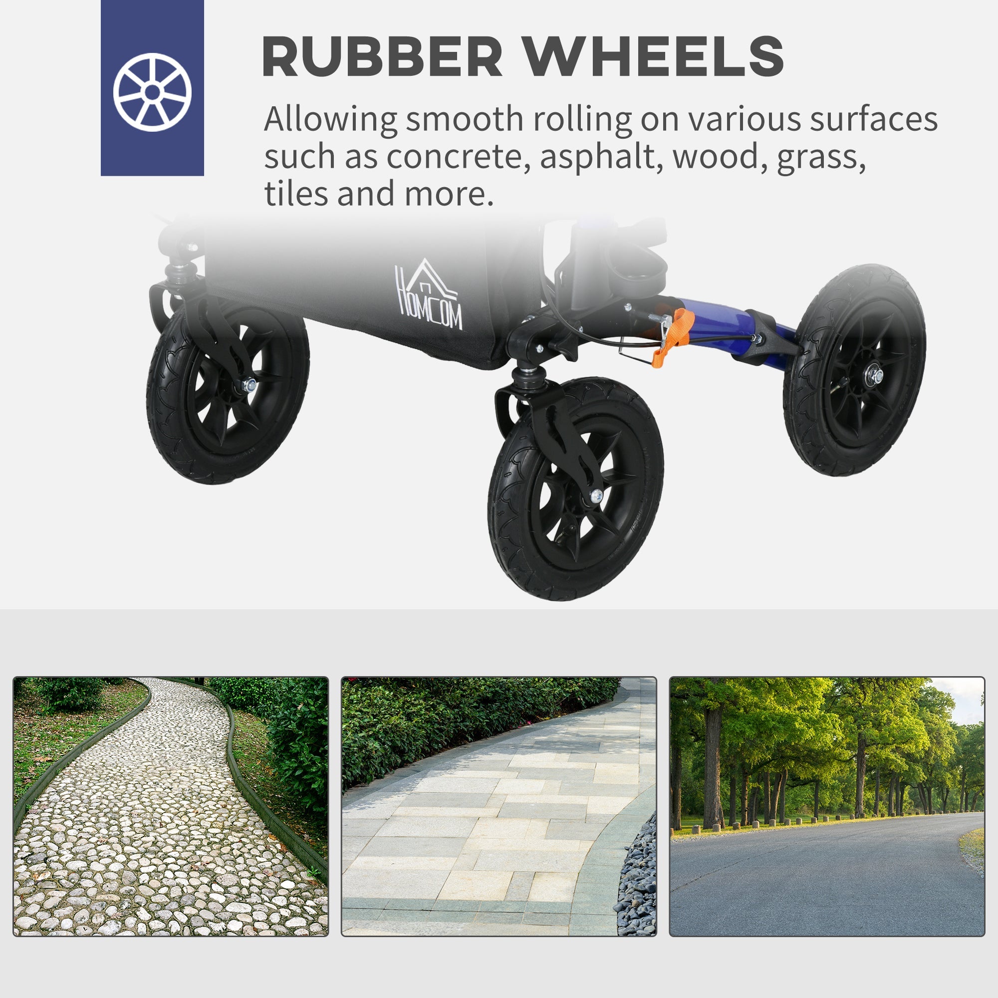 HOMCOM Advanced Rollator Walker for Seniors Seat & Rubber Wheels Lightweight Aluminum Adjustable Handle & Storage Bag Blue