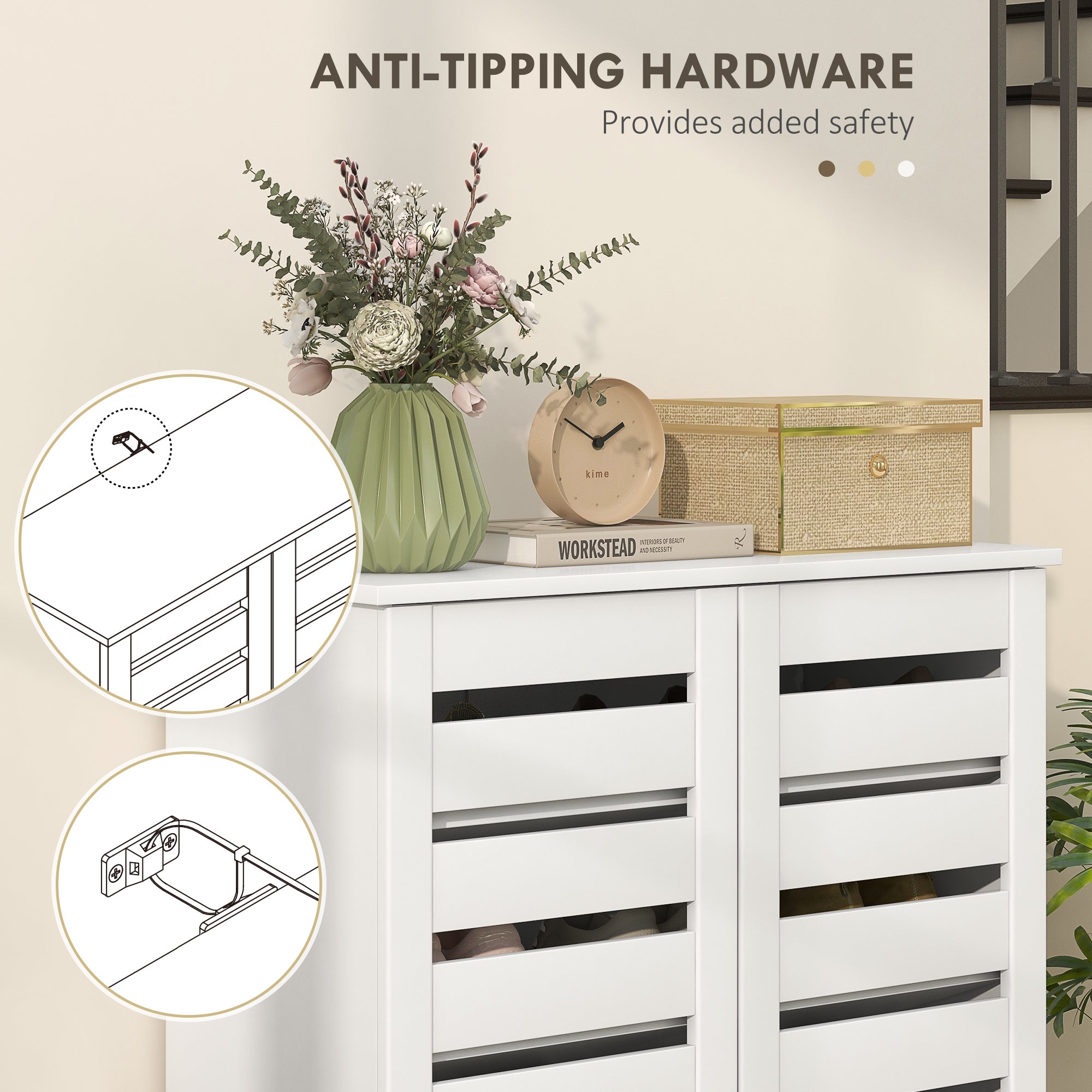 HOMCOM Shoe Storage Cabinet, Shoe Cabinet with 2 Slatted Doors for 15 Pairs of Shoes, White