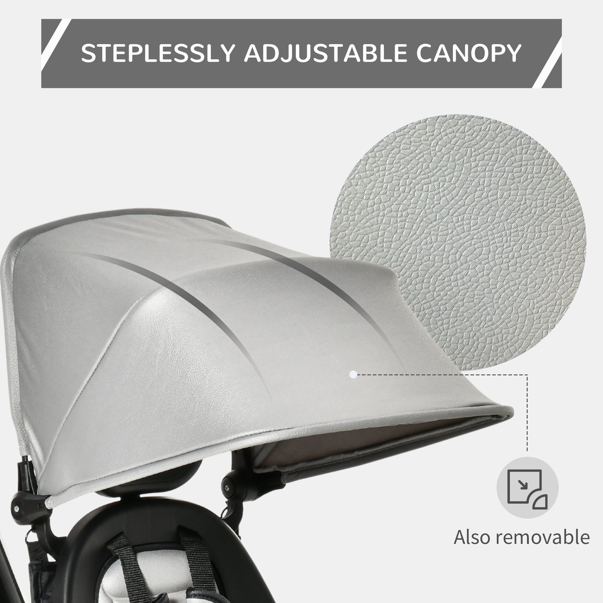 Qaba Baby Tricycle 4 In 1 Trike with Reversible Angle Adjustable Seat Removable Handle Canopy Handrail Belt Storage, Grey