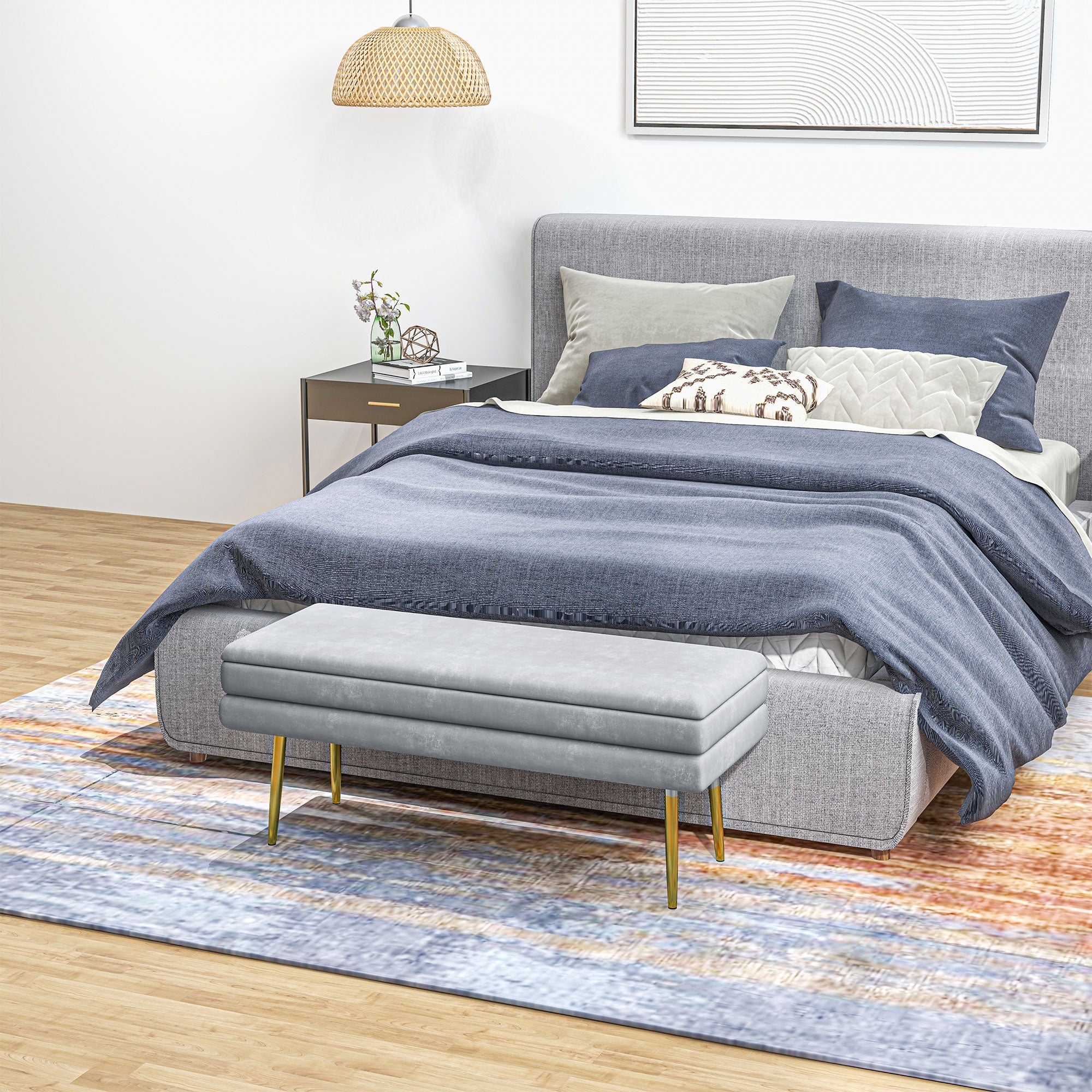HOMCOM Luxe End of Bed Bench: Dark Grey Velvet-feel Upholstered Padded Seat, Steel Legs, Modern Bedroom Furniture