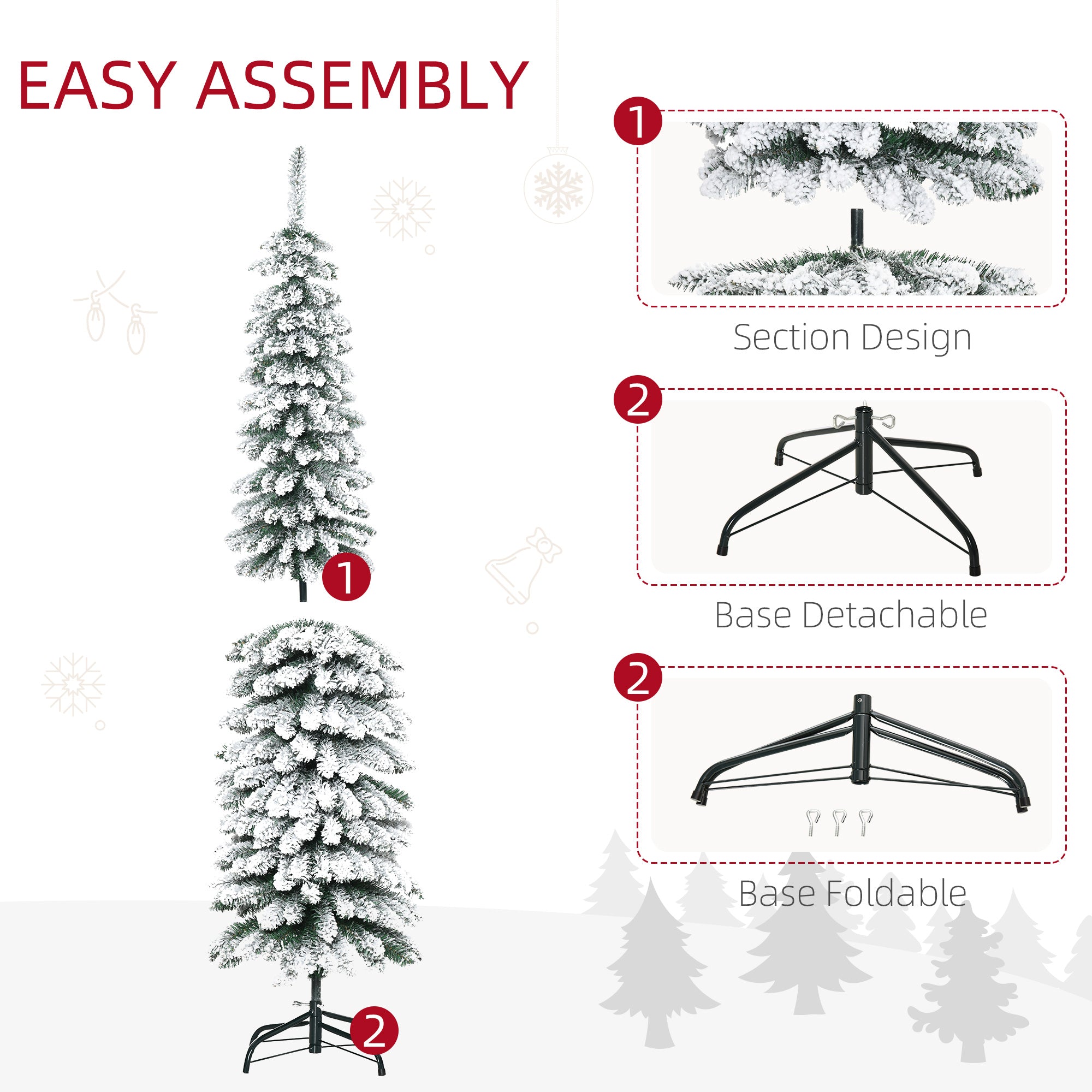 HOMCOM 6 Ft Snow-Flocked Artificial Christmas Tree, Slim Pencil Xmas Tree with Realistic Branches, Metal Base, Green