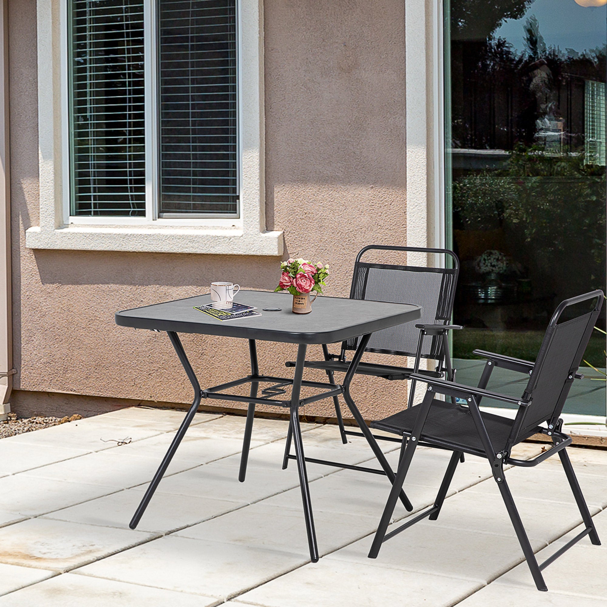 Outsunny Square Outdoor Table, Patio Bistro Coffee Table with Faux-marbled Top and 42mm Umbrella Hole for Garden, Dark Grey