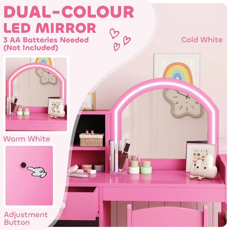 Qaba Kids Vanity Set, Toddler Dressing Table and Chair Set with Lighted Mirror, Cabinet, Drawer and Shelves, Pink