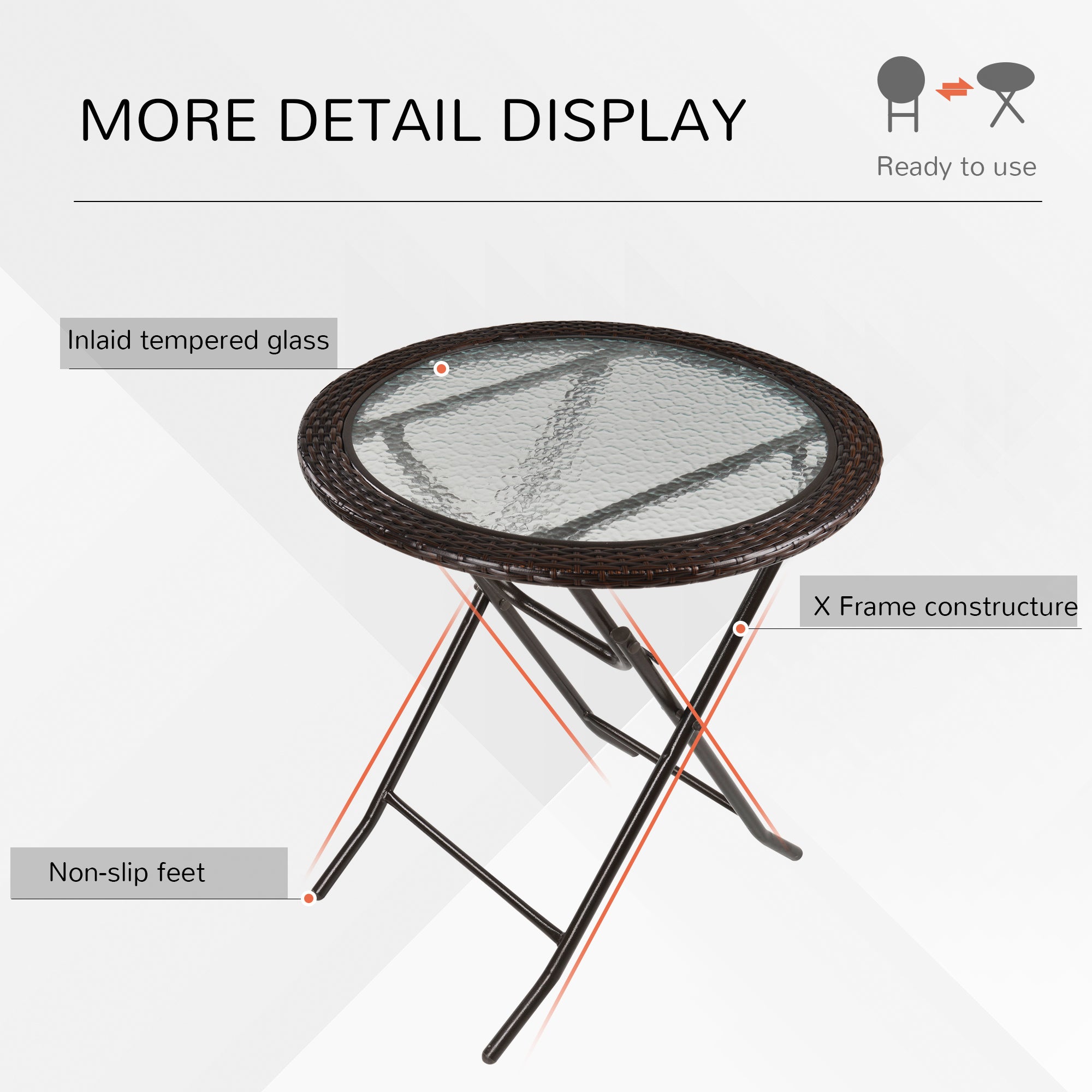 Outsunny Folding Round Table Tempered Glass Metal with Rattan Edging Brown