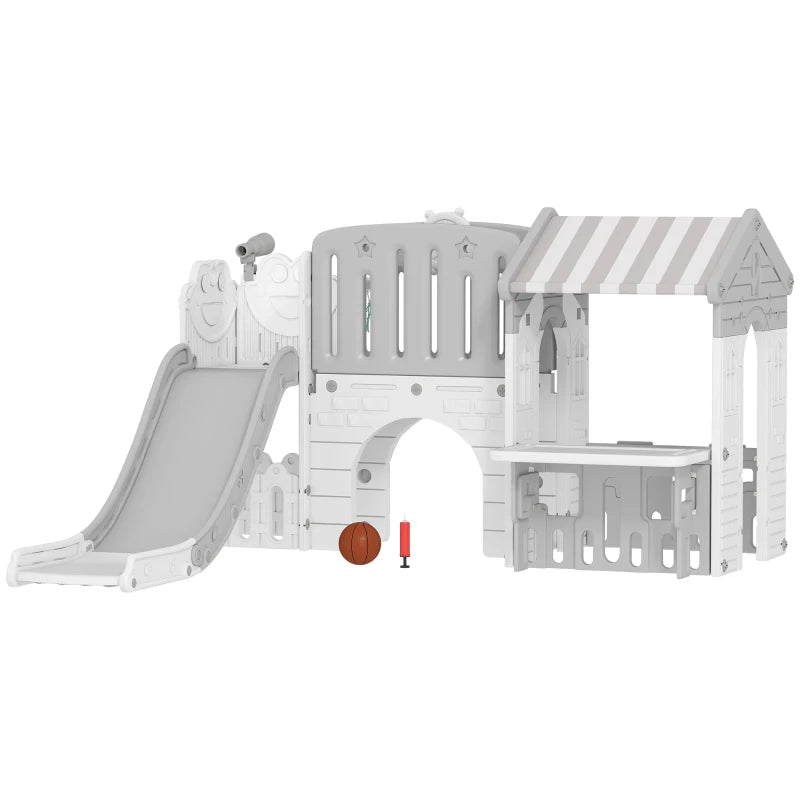 Qaba 7-in-1 Toddler Slide, Kids Slide Climber Playset with Playhouse and Basketball Hoop for 1-4 Years, Grey