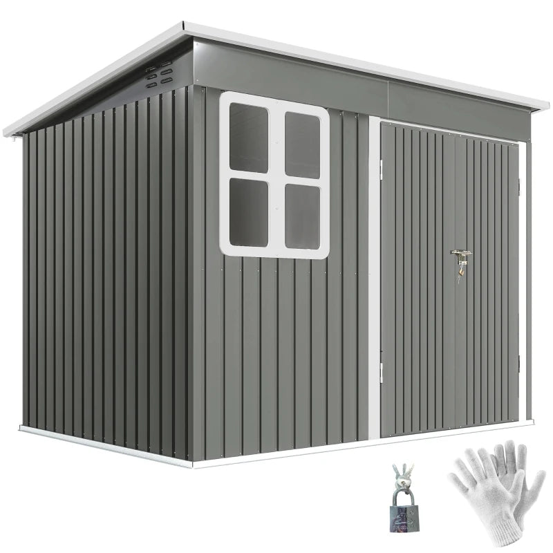 8.5' x 6' Galvanised Steel Outdoor Storage Shed, Garden Shed with Window, Lockable Wide Doors and Air Vents, Grey
