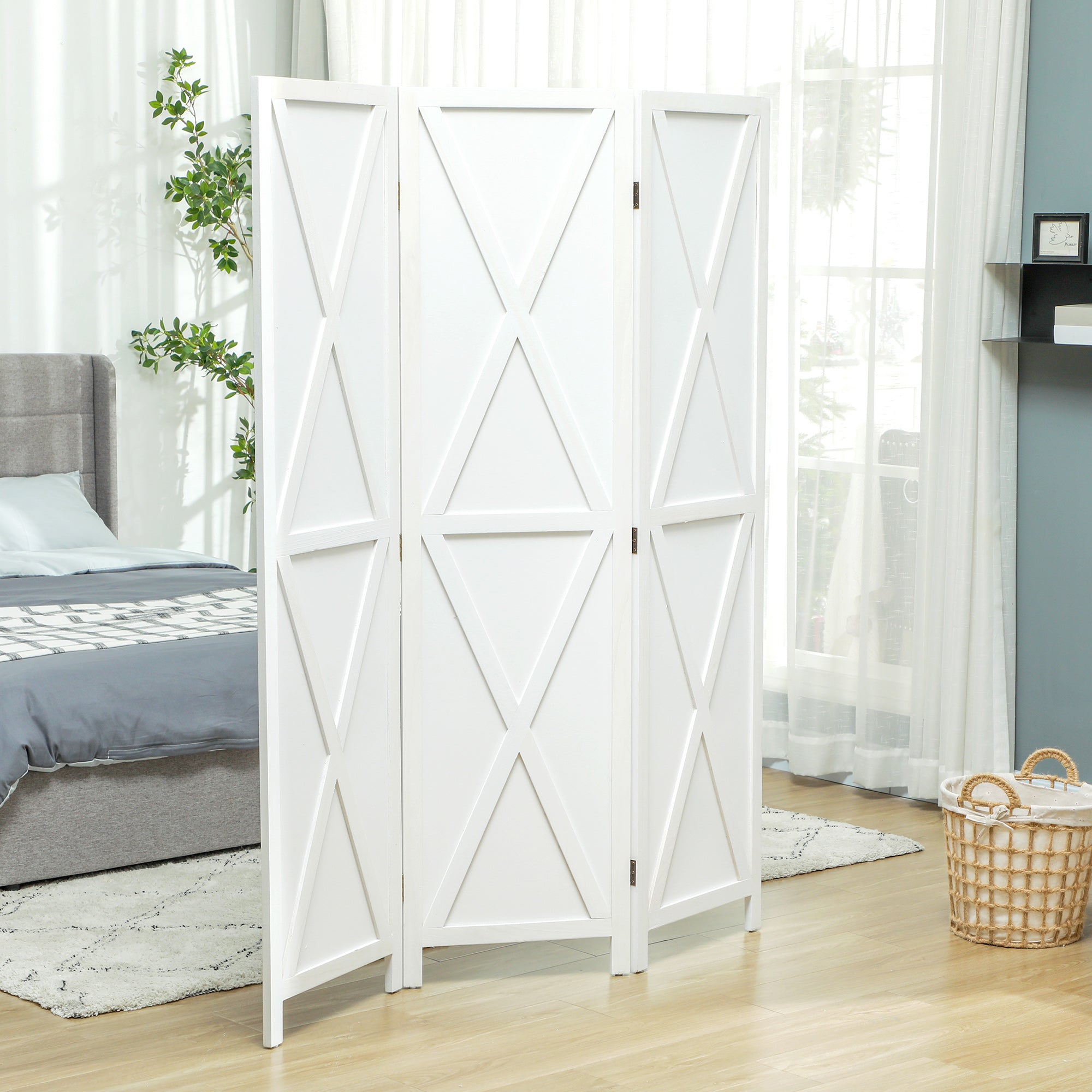 HOMCOM 3-panel Wall Partition Farmhouse Room Separator with Foldable Design Wooden Frame 5.6FT, White
