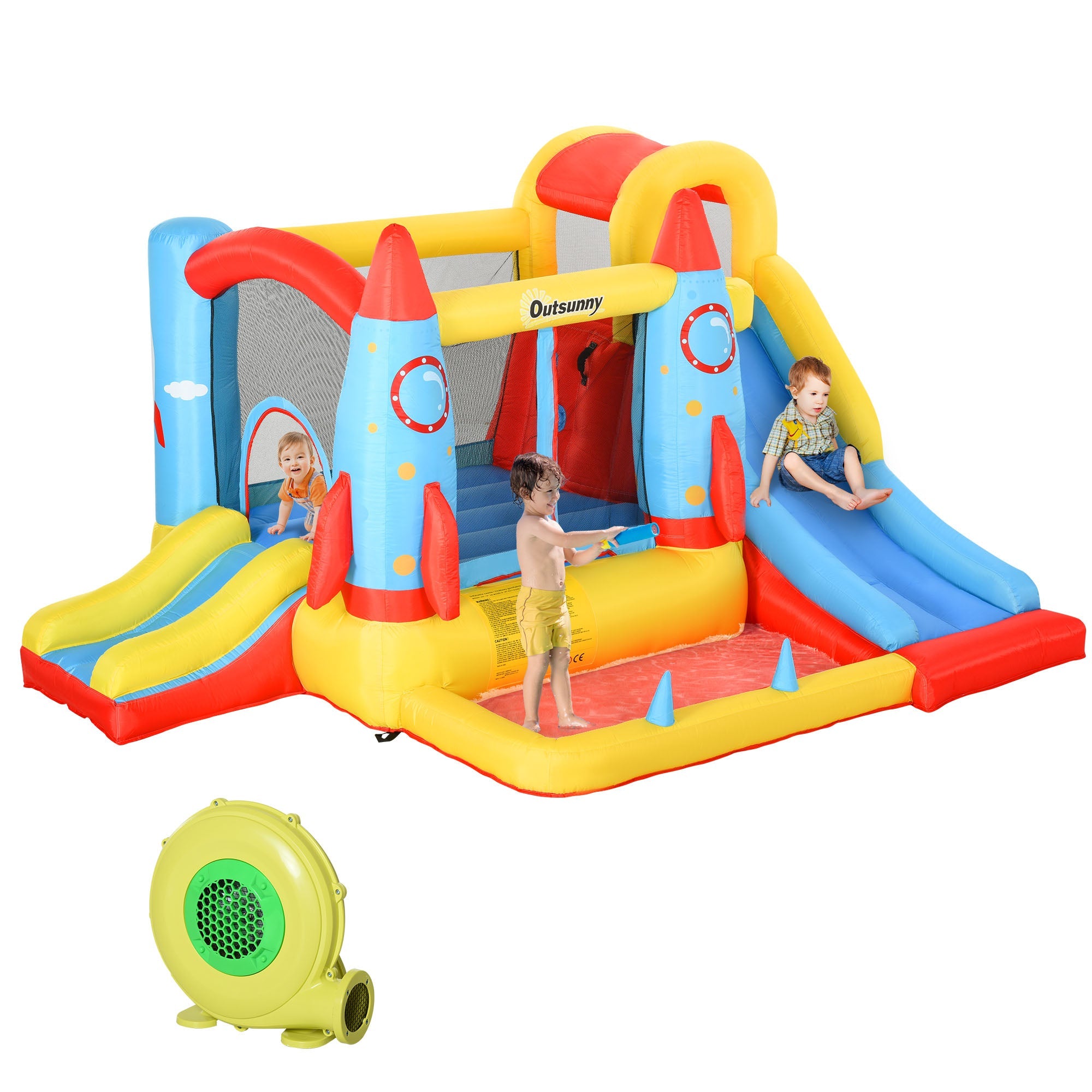 Outsunny Inflatable Kids Bouncy House, 4-in-1 Trampoline Bounce Castle with Slide & Water Pool, Includes Inflator, Ages 3-10