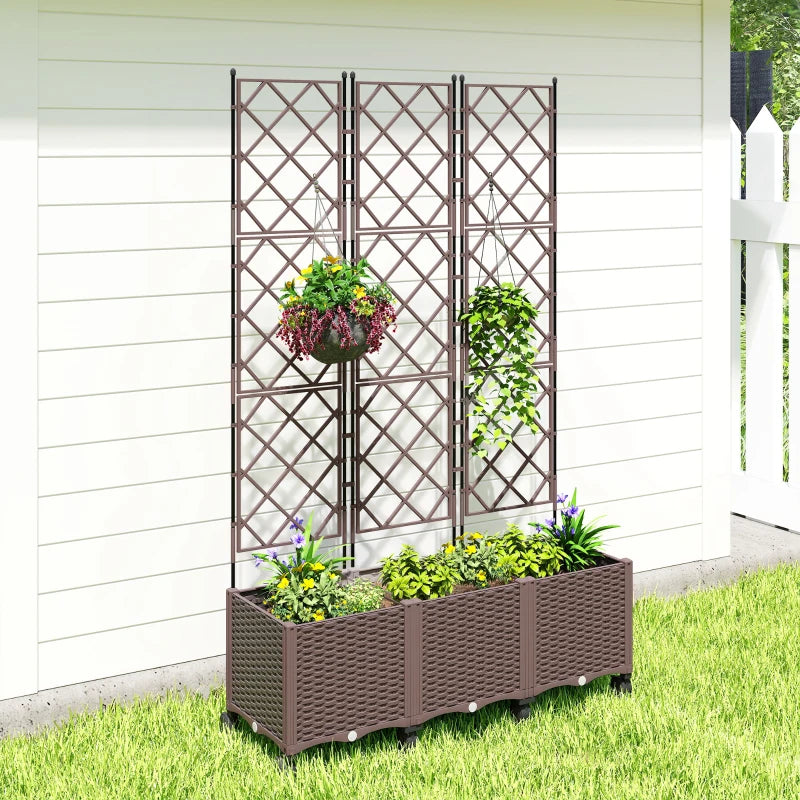 Plastic Raised Garden Bed with Trellis, Self Watering Planter Box with Wheels, Drainage Holes and Plugs