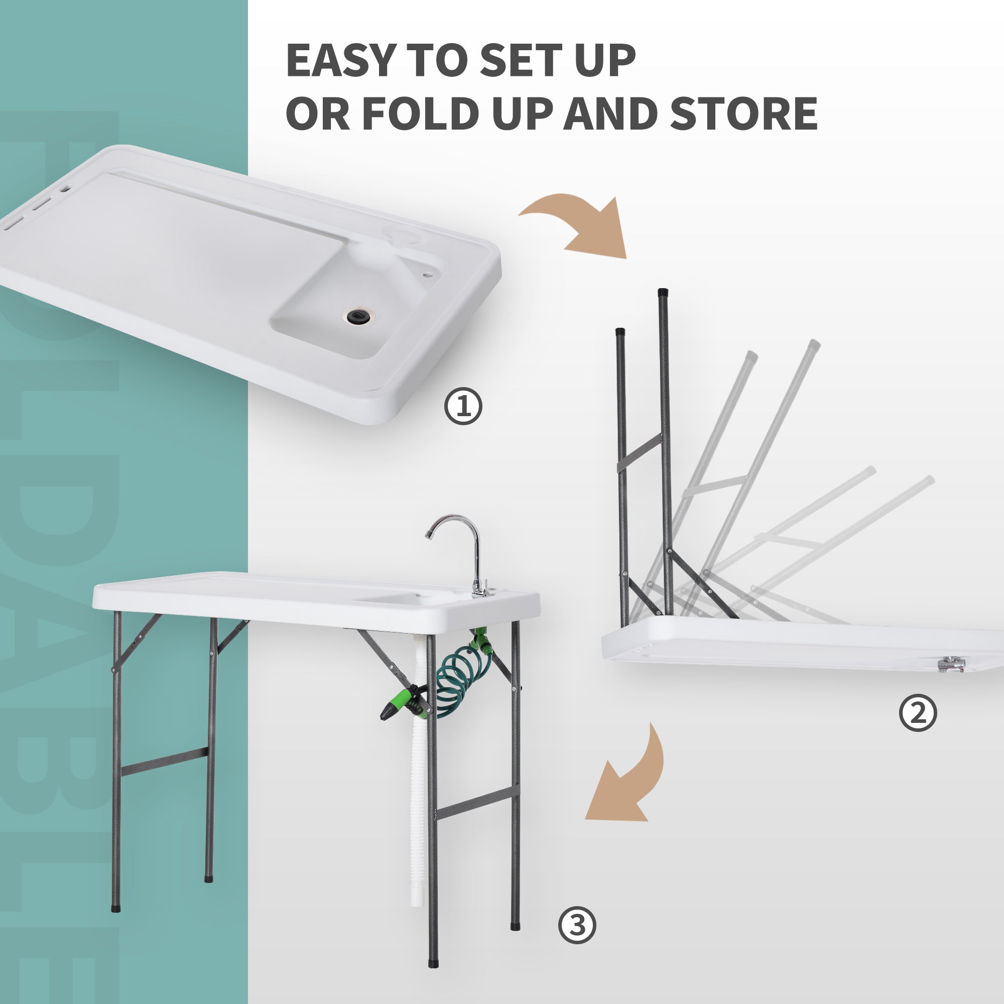 Outsunny Folding Fish Cleaning Table with Sink Faucet Spray Cleaner for BBQ Camping Picnic Garden 45"x23"x37"