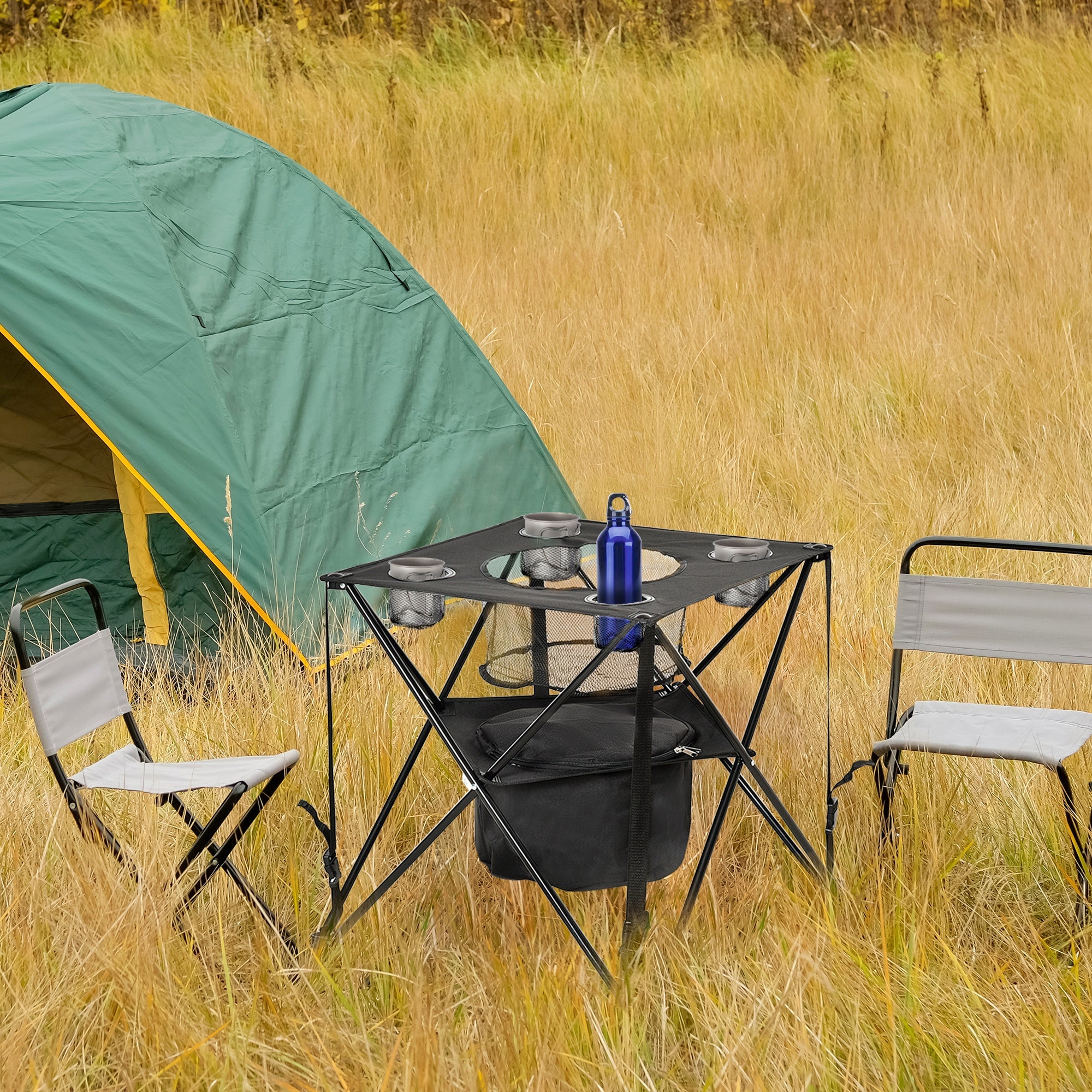 Outsunny Portable Folding Camping Table 22 Picnic Table with Cooler Holders Carry Bag for Travel Hiking Fishing Beach