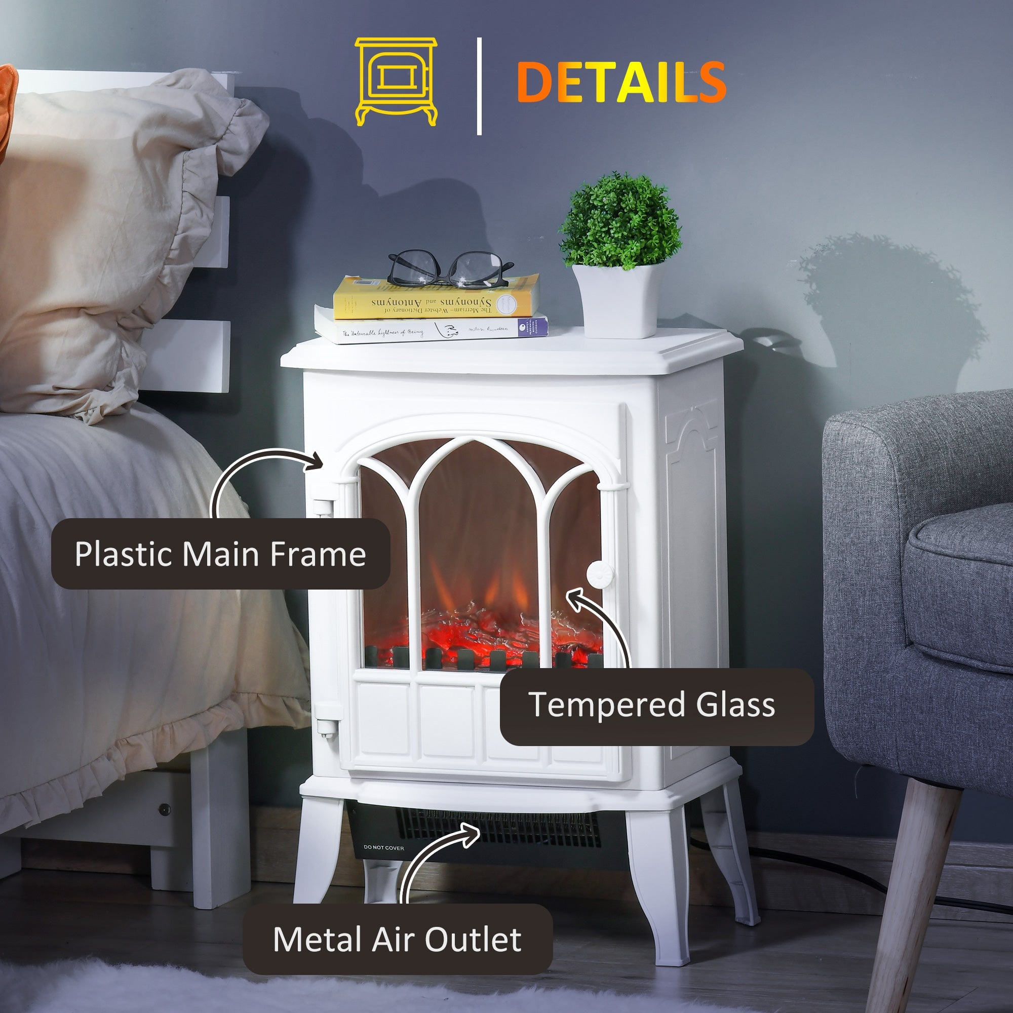 HOMCOM Electric Fireplace Heater, Freestanding Fireplace Stove with Realistic Flame, Adjustable brightness, White