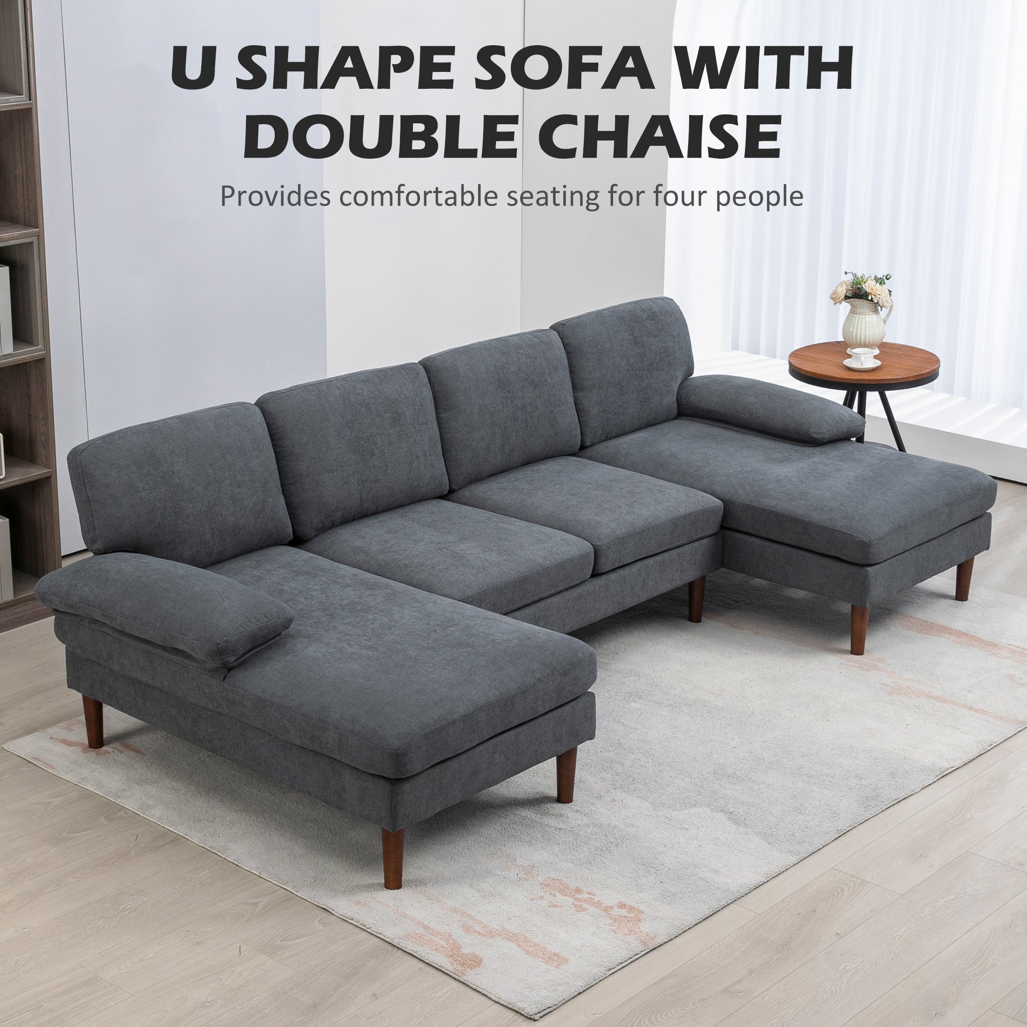 HOMCOM U-Shaped Dark Grey Couch - Contemporary 4-Seater Sofa with Double Chaise Lounge & Wooden Legs for Spacious Living Areas