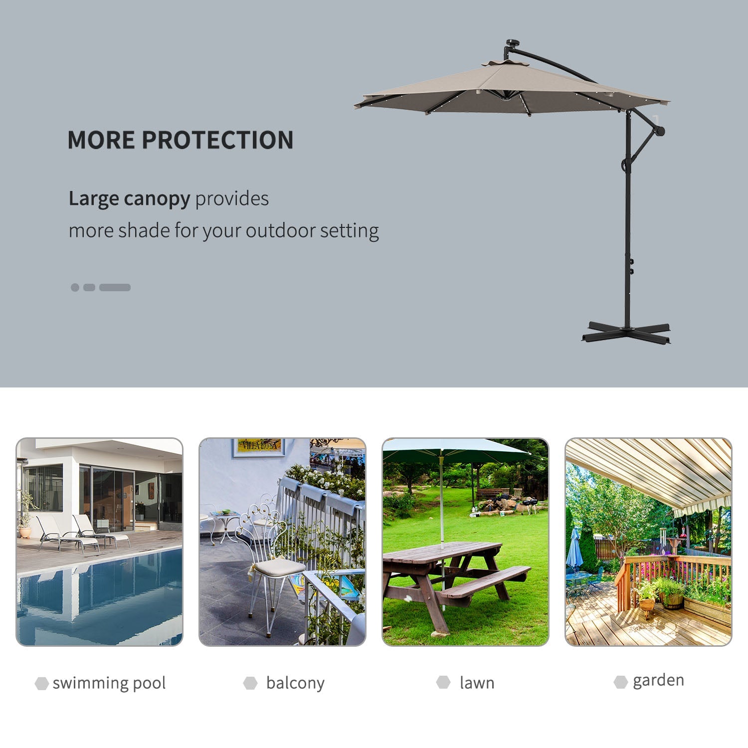 Outsunny 10' Cantilever Banana Umbrella Solar Lights Adjustable Angle Patio Backyard Khaki