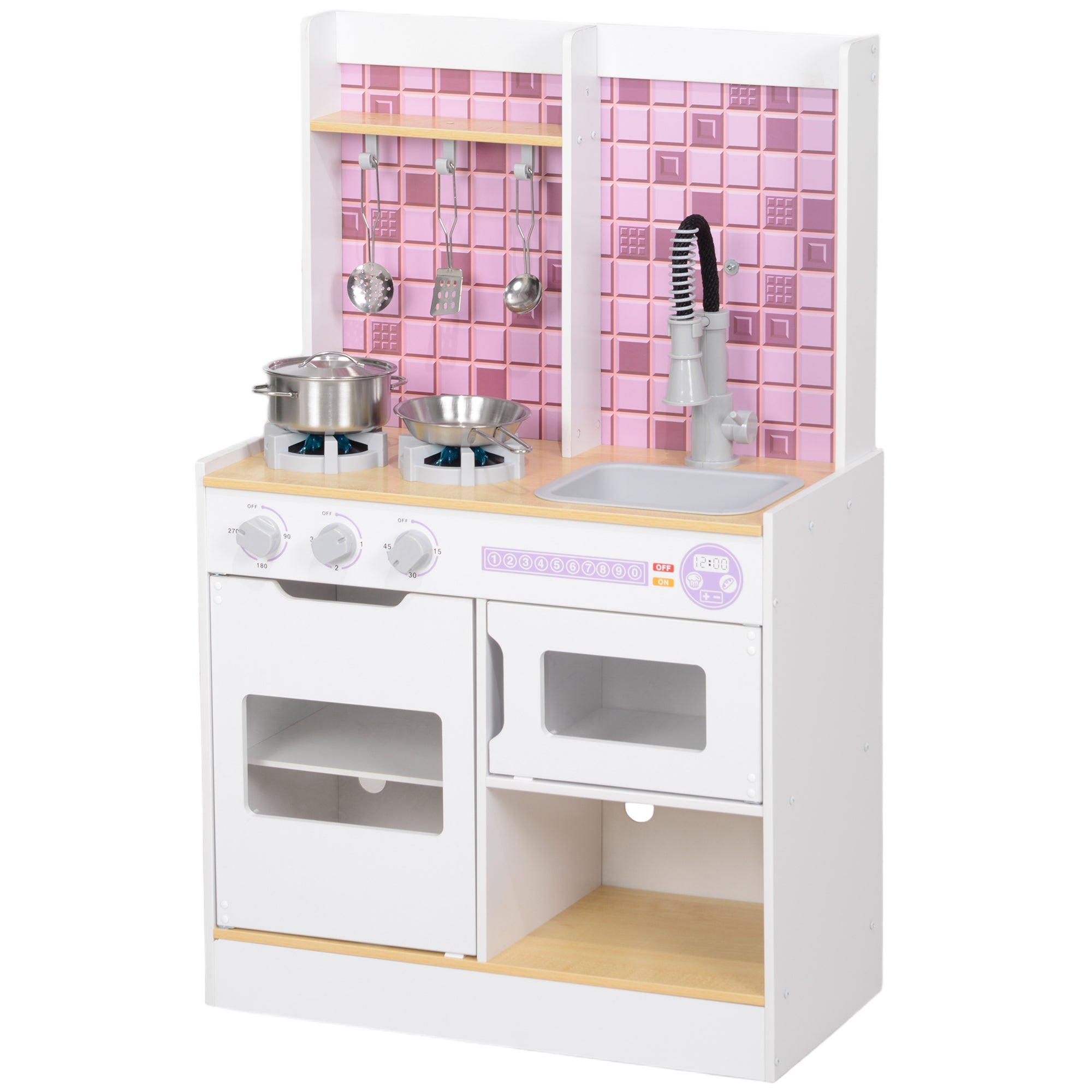 Qaba Play Kitchen Set for Kids, Kids Kitchen Playset with Realistic Lights & Sounds, Sink, Oven, Stove, White