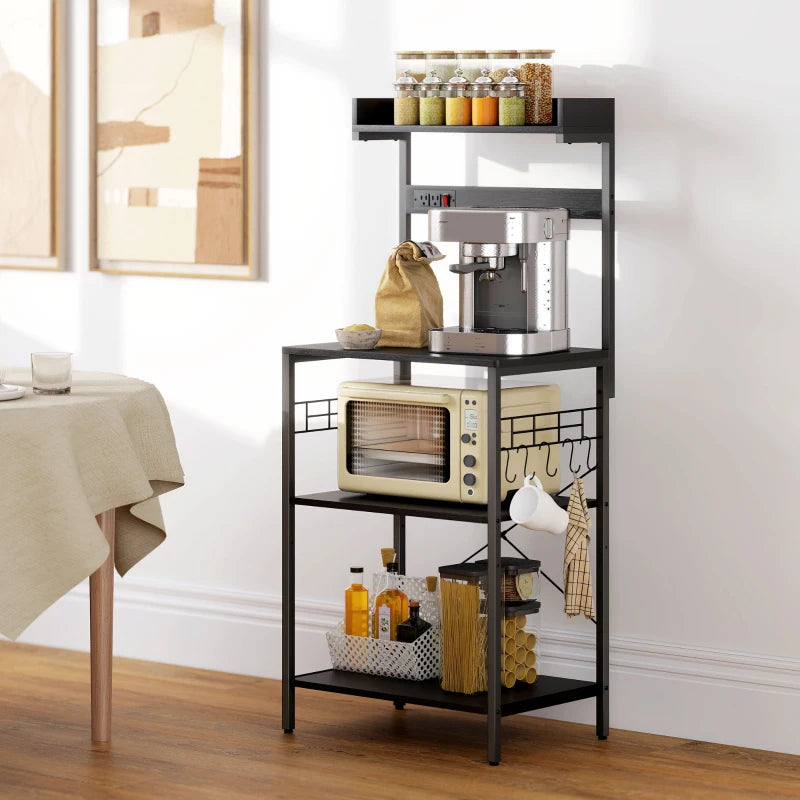 Kitchen Baker's Rack with Power Outlet, Coffee Bar Station with Adjustable Shelves and Hooks, Distressed Black