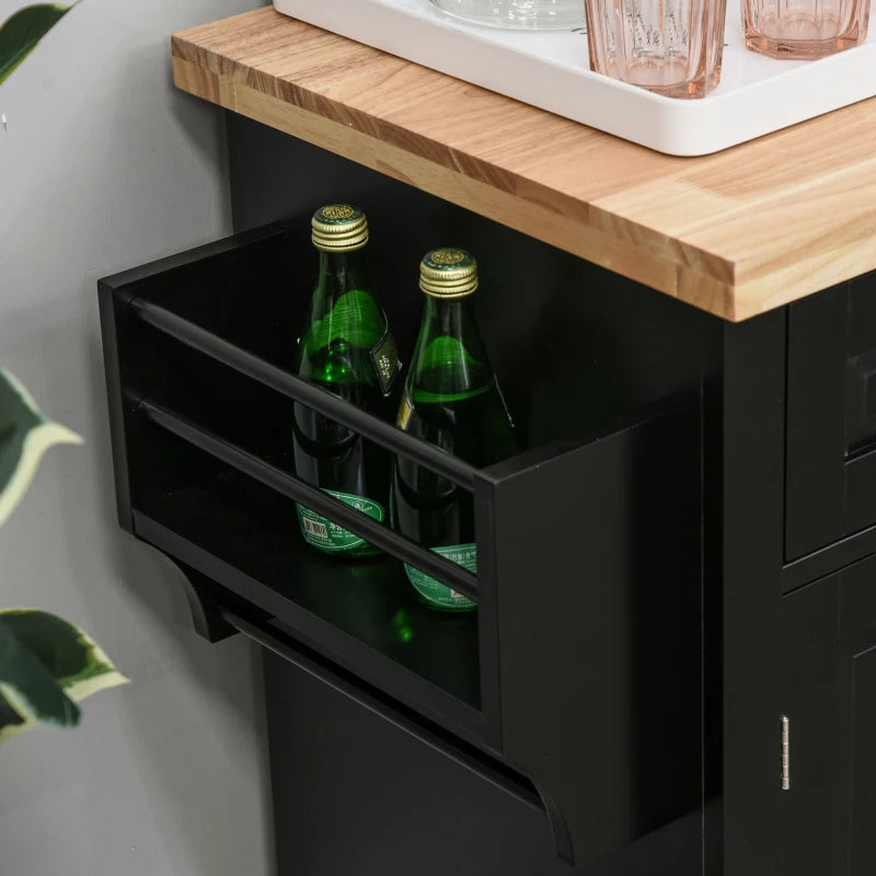 Rolling Kitchen Island with Rubber Wood Top and Storage, Spice Rack, Towel Rack, Black
