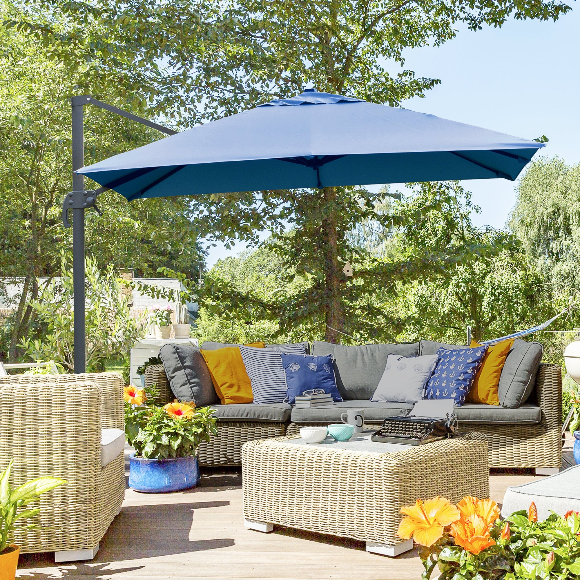 Outsunny 10x10ft Square Cantilever Umbrella with Rotatable Top 4 Adjustable Angles for Patio Backyard Outdoor Area Blue