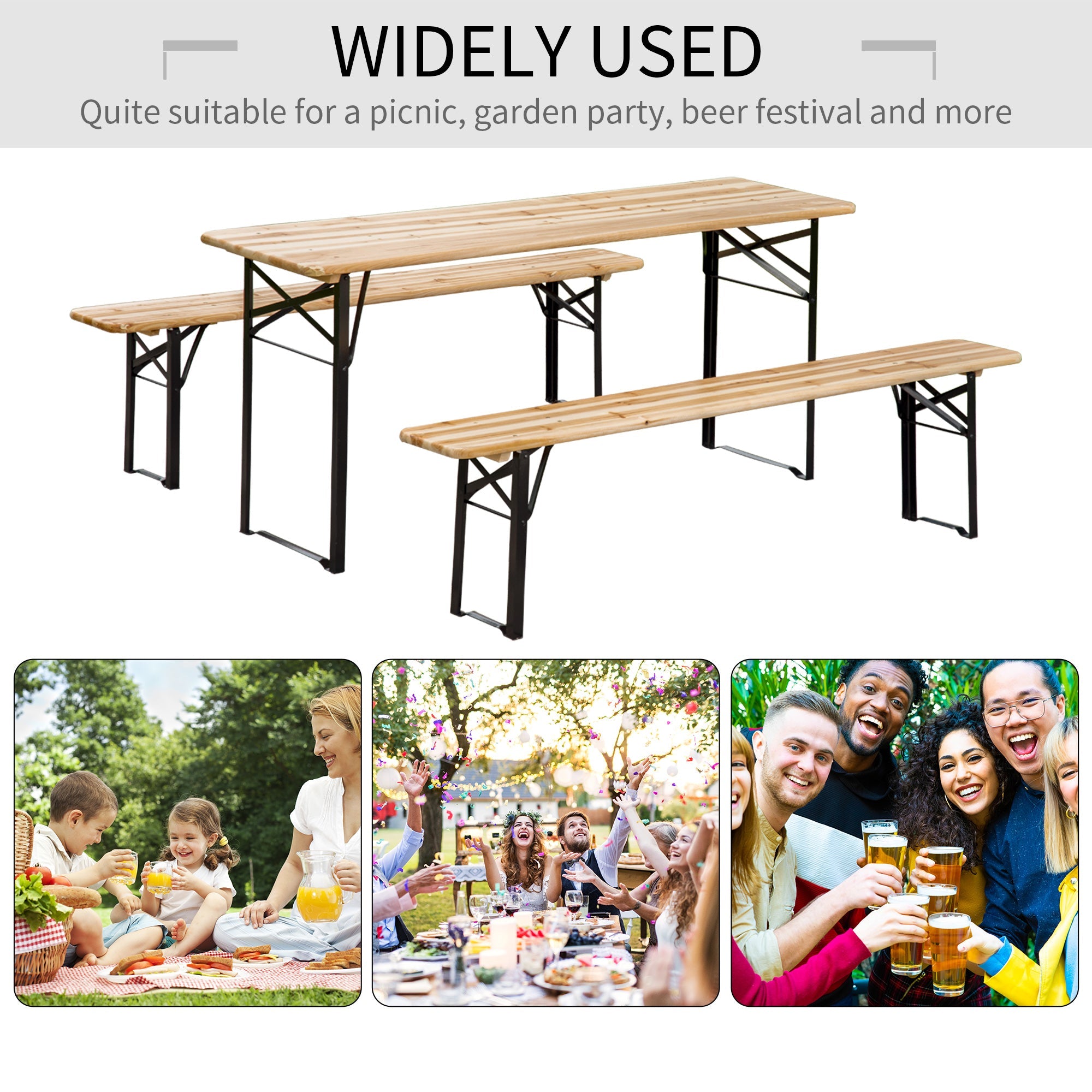 Outsunny Portable Picnic Table Bench Set 71" Heavy Duty 3 Piece Outdoor Family Gatherings