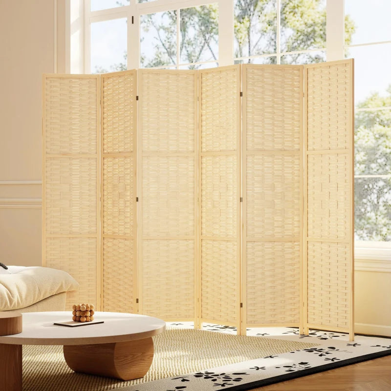 6-Panel Room Divider, 5.6 FT Freestanding Folding Privacy Screen, Partition Wall Divider, Natural Wood