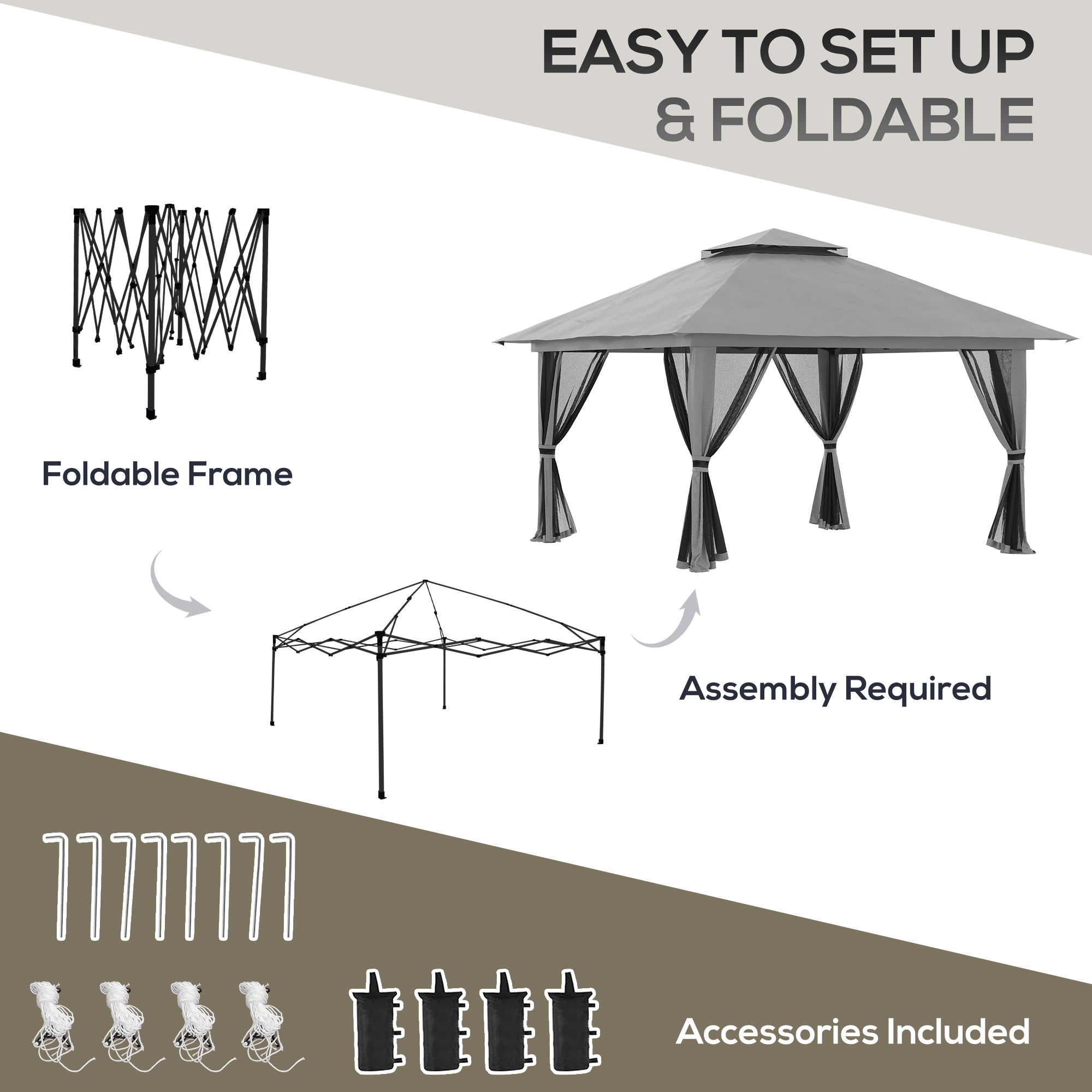 Outsunny 13 x 13ft Pop Up Gazebo, 2-Tier Roof Portable Canopy with Carry Bag for Garden & Patio, Grey