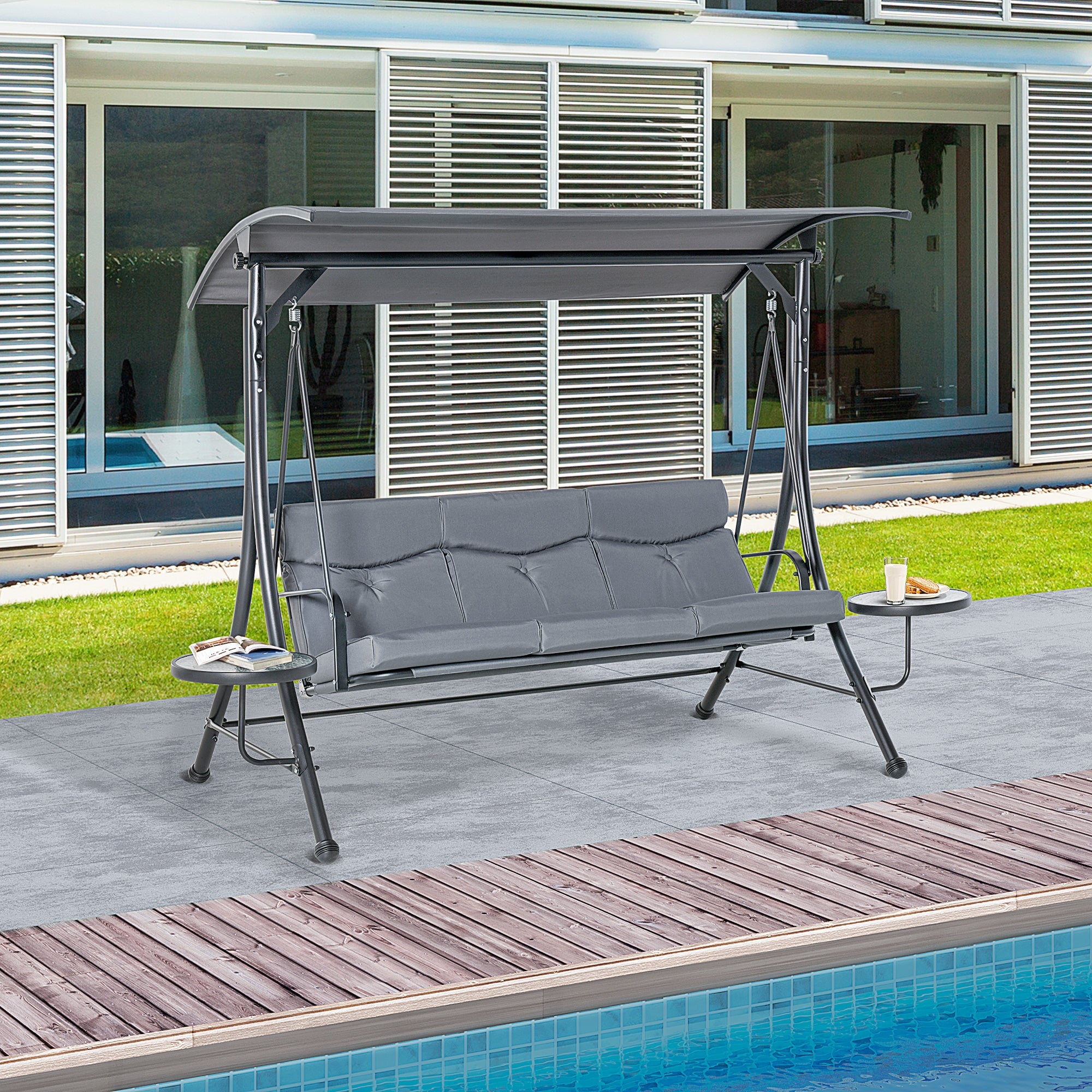 Outsunny 3 Seat Outdoor Swing Chair Steel Swing Bench Porch Swing With Adjustable Canopy & Coffee Tables & Cushion for Patio Garden