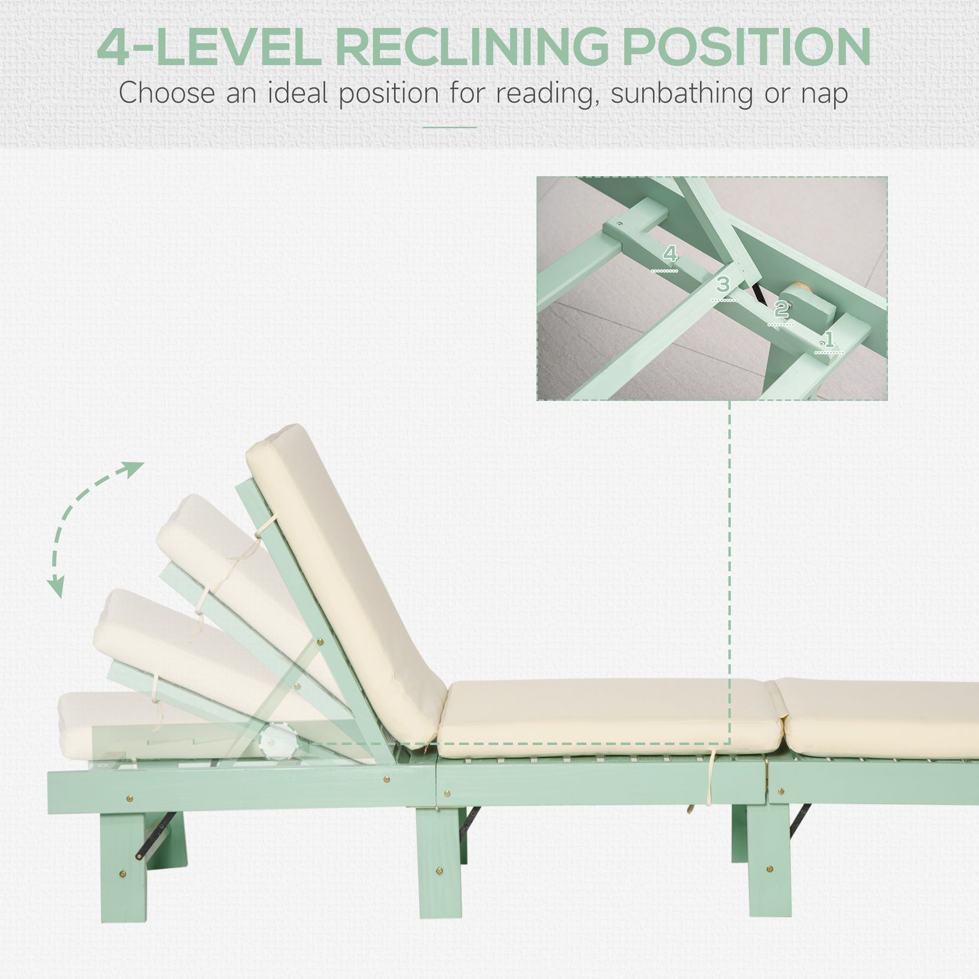 Outsunny Outdoor Sun Lounger Wooden Garden Reclining Chair 4 Adjustable Back Soft Cushion Green