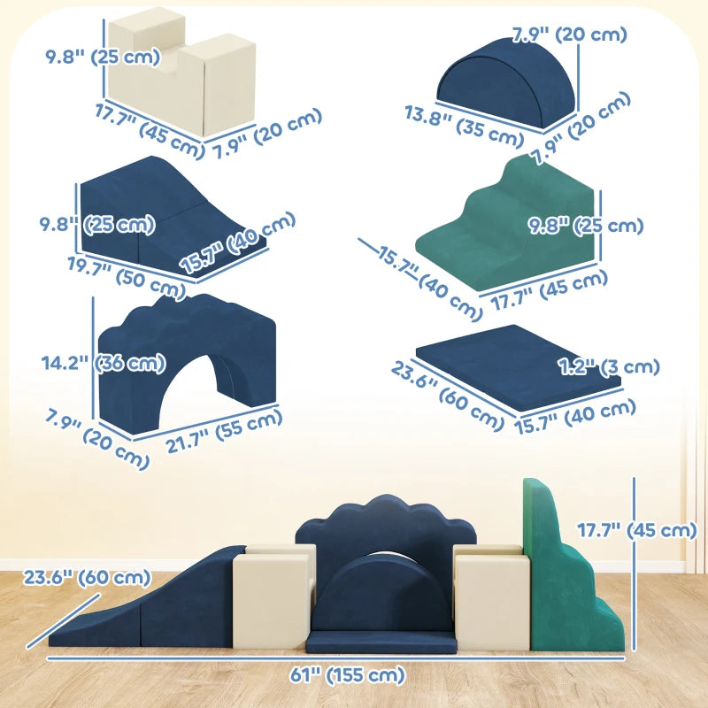 Qaba 7-Piece Baby Soft Play Set, Indoor Soft Play Gym Activity Play Set for Crawling, Sliding and Playing, Navy Blue