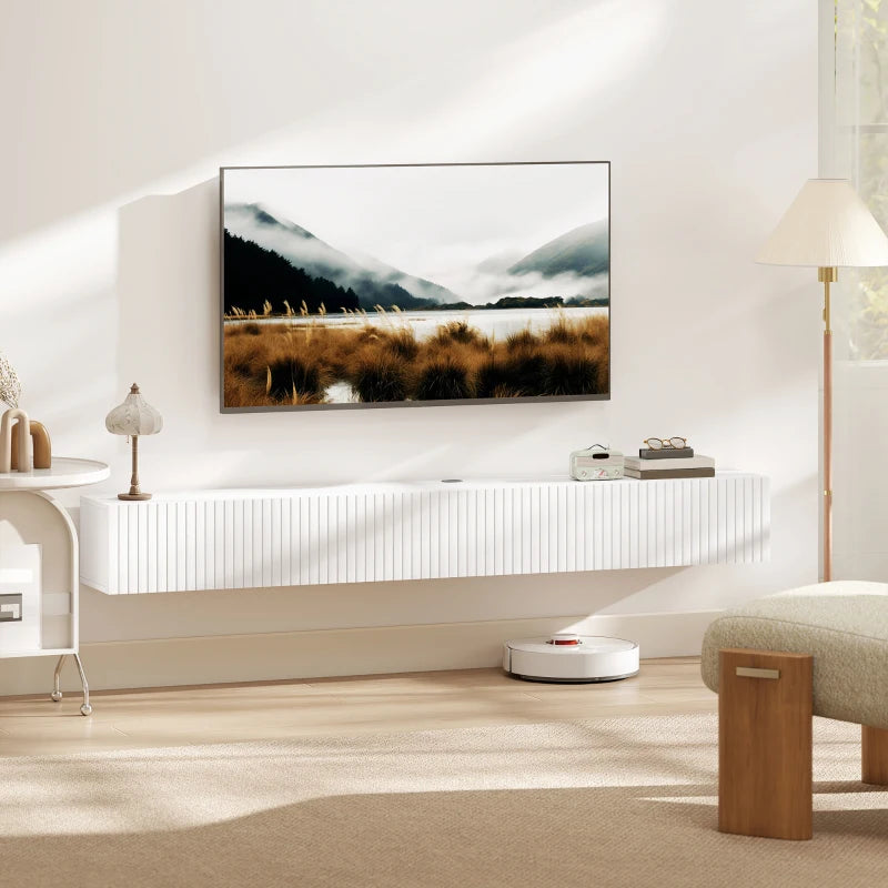 71" Floating TV Stand for TVs up to 72 Inch, Wall Mount Media Console with 2 Fluted Flip-Down Doors, Cable Hole, White